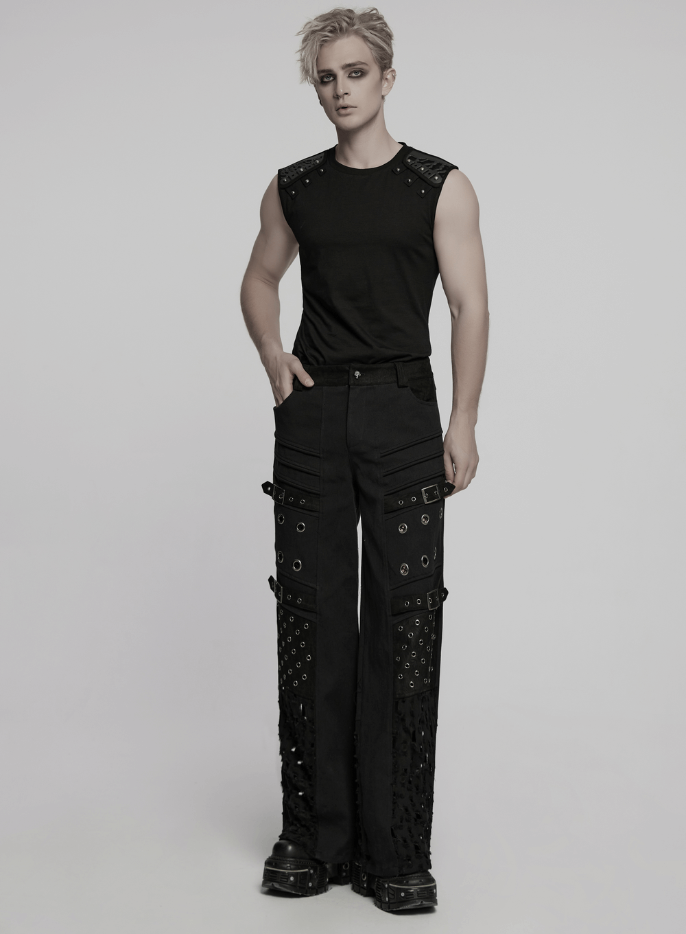 Male Black Punk Pants with Eyelets and Mesh Panels