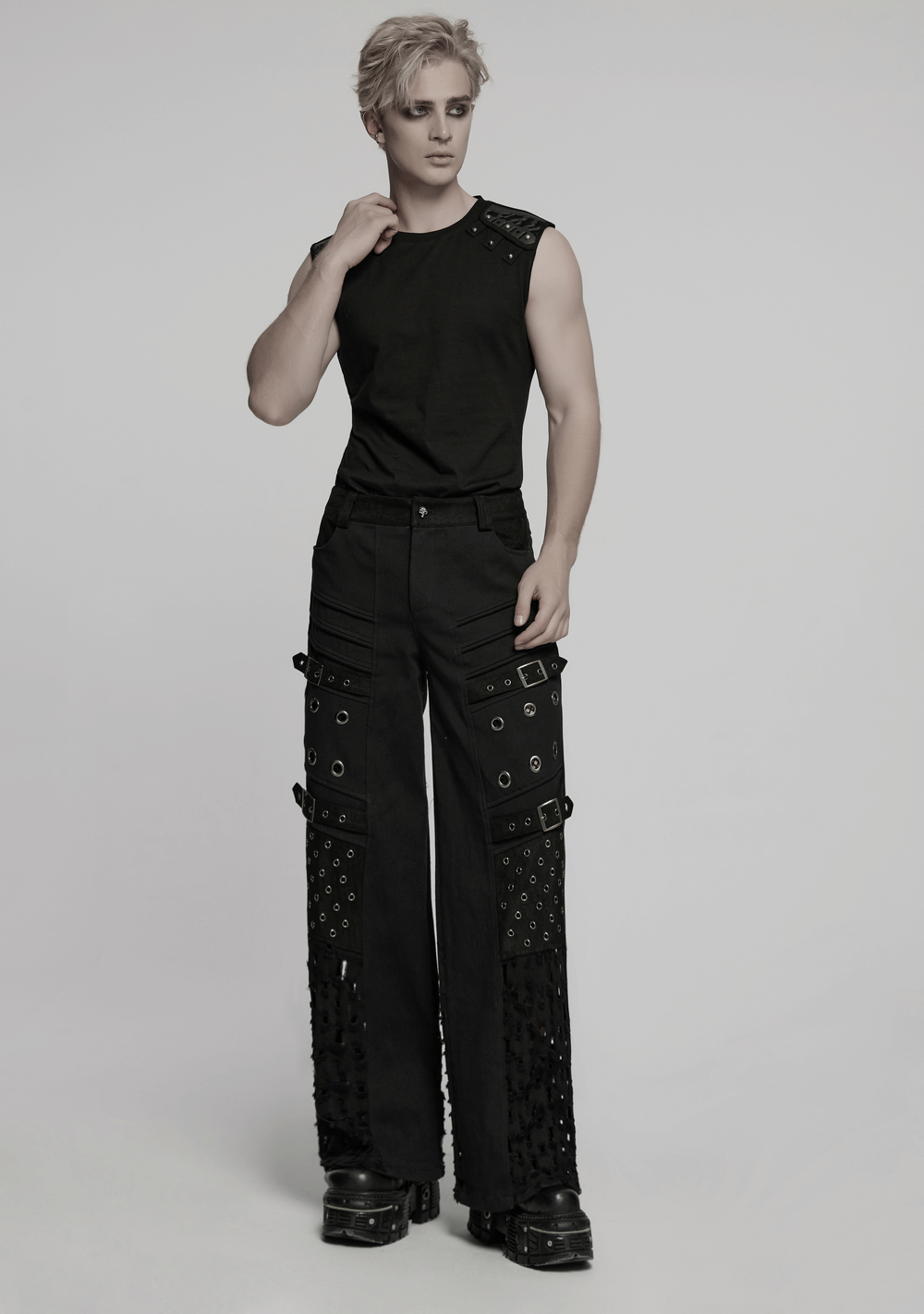 Male Black Punk Pants with Eyelets and Mesh Panels