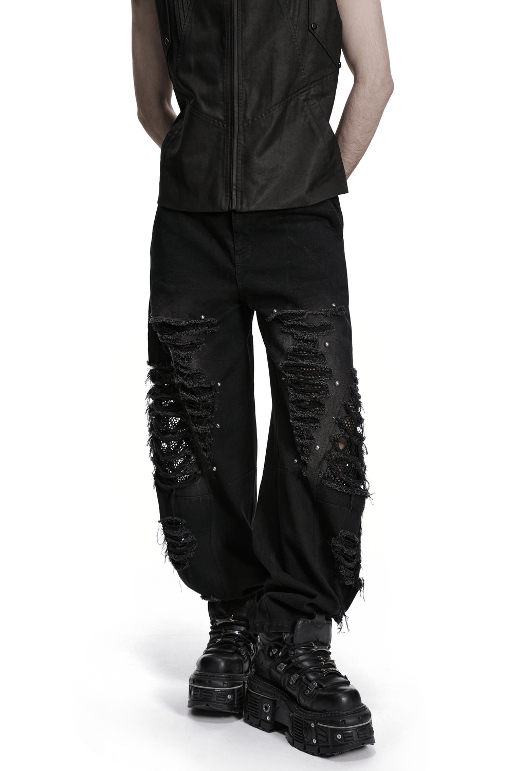 Male Bold Punk Distressed Denim Pants with Studded Rips