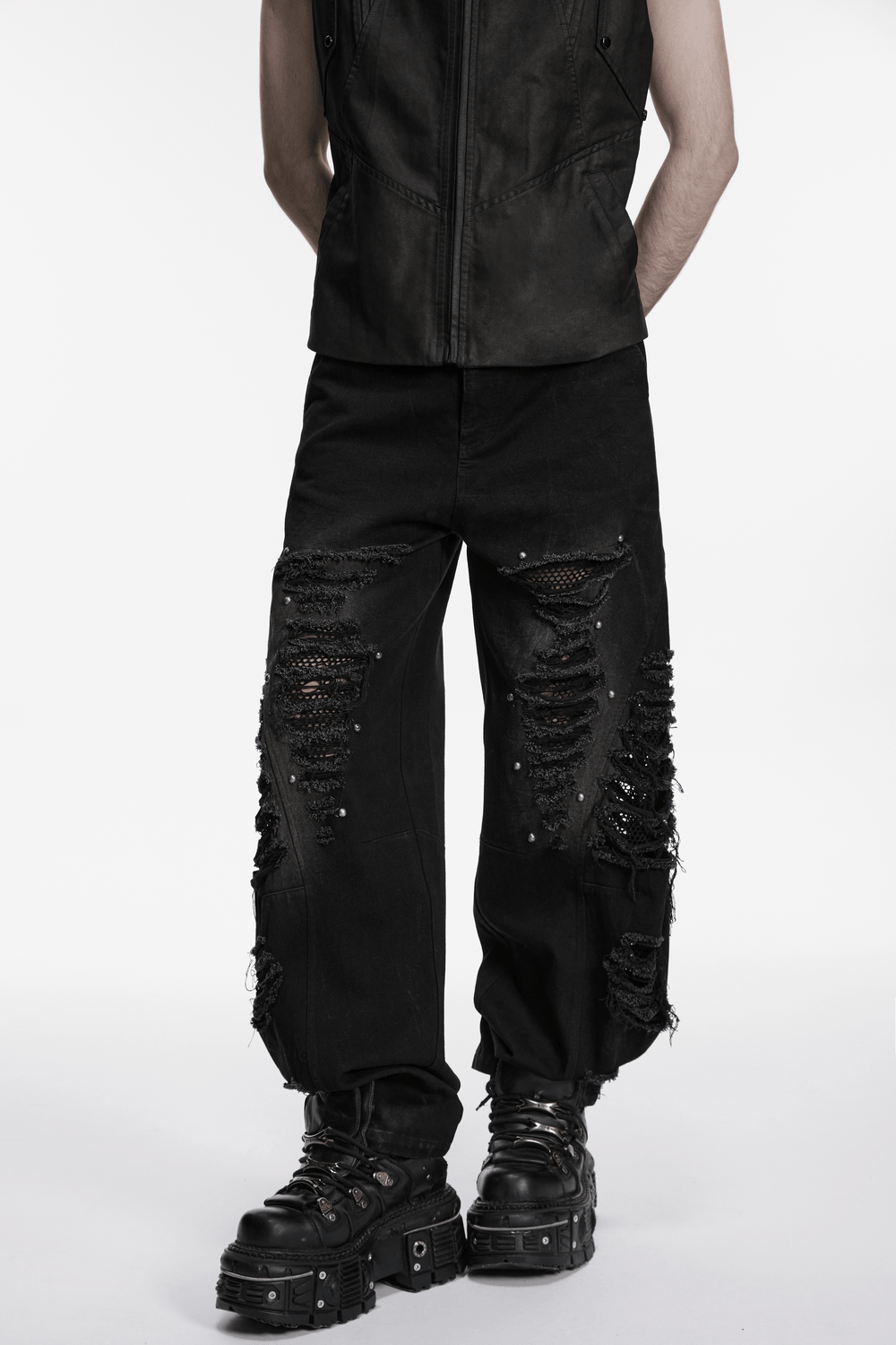Male Bold Punk Distressed Denim Pants with Studded Rips