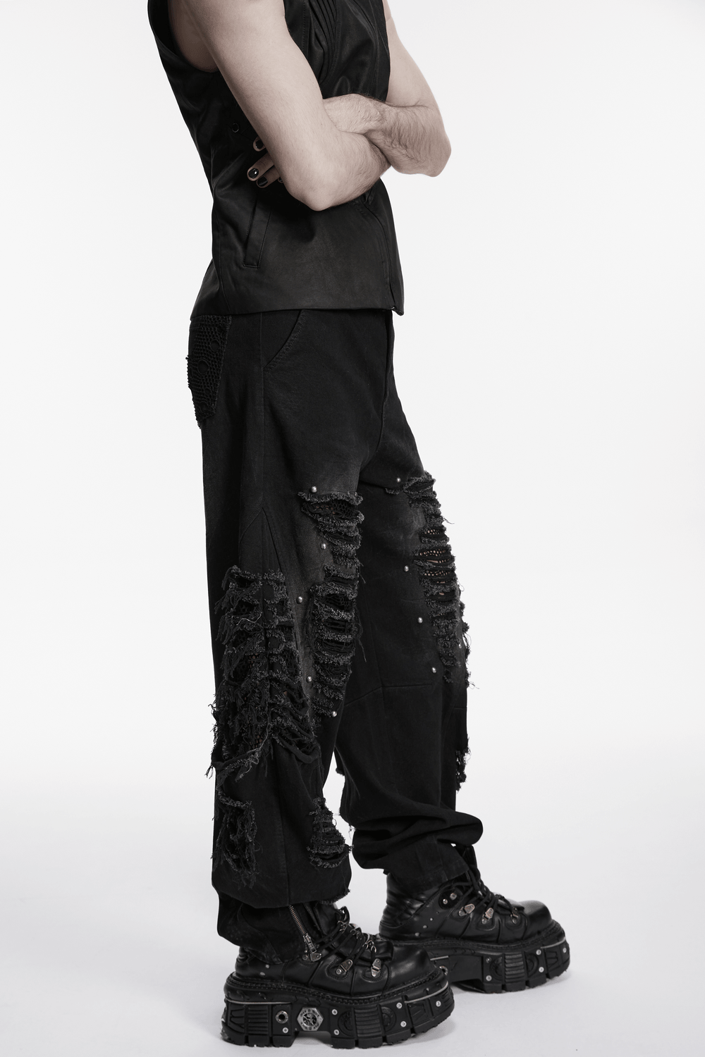 Male Bold Punk Distressed Denim Pants with Studded Rips