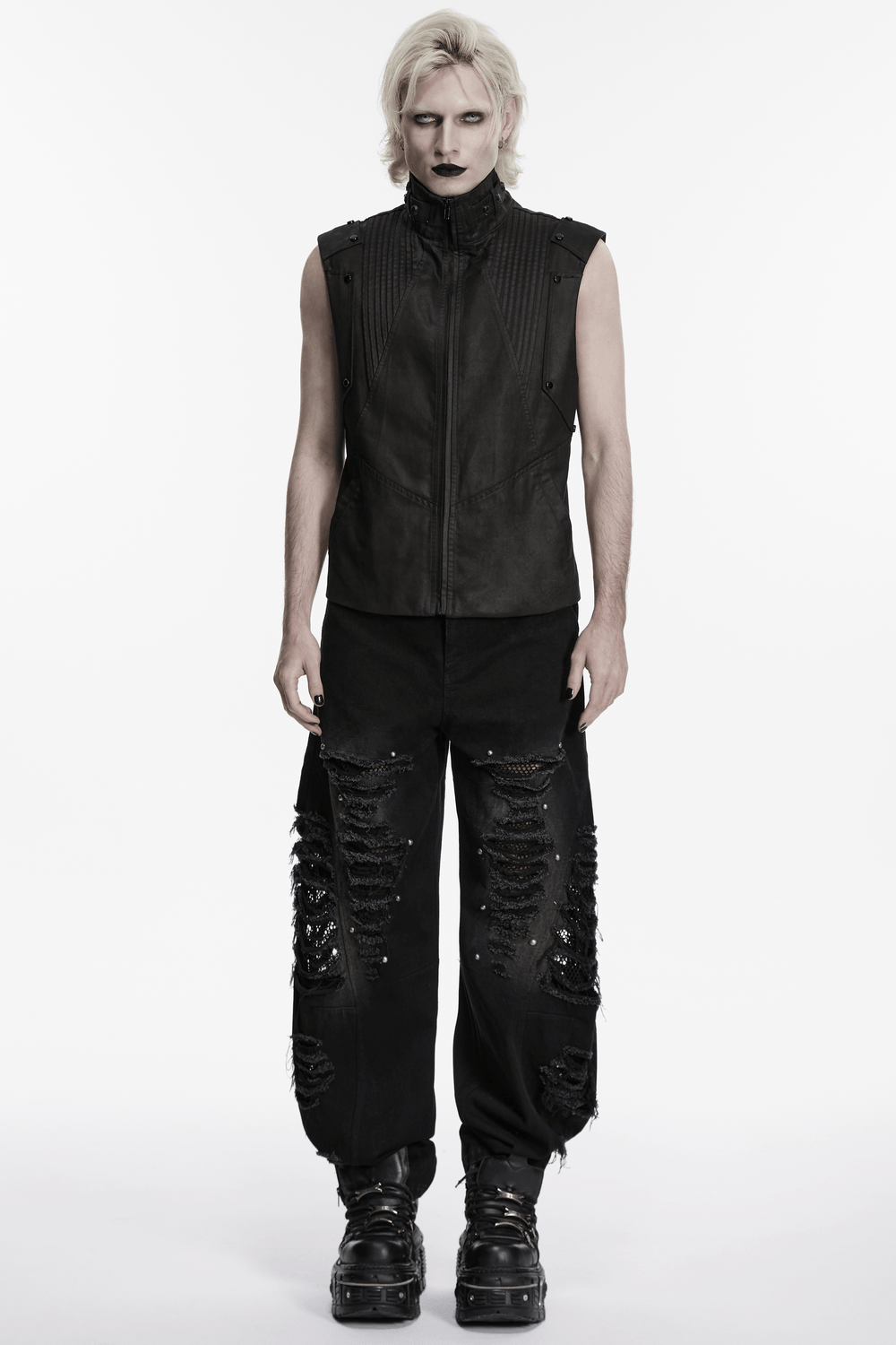 Male Bold Punk Distressed Denim Pants with Studded Rips