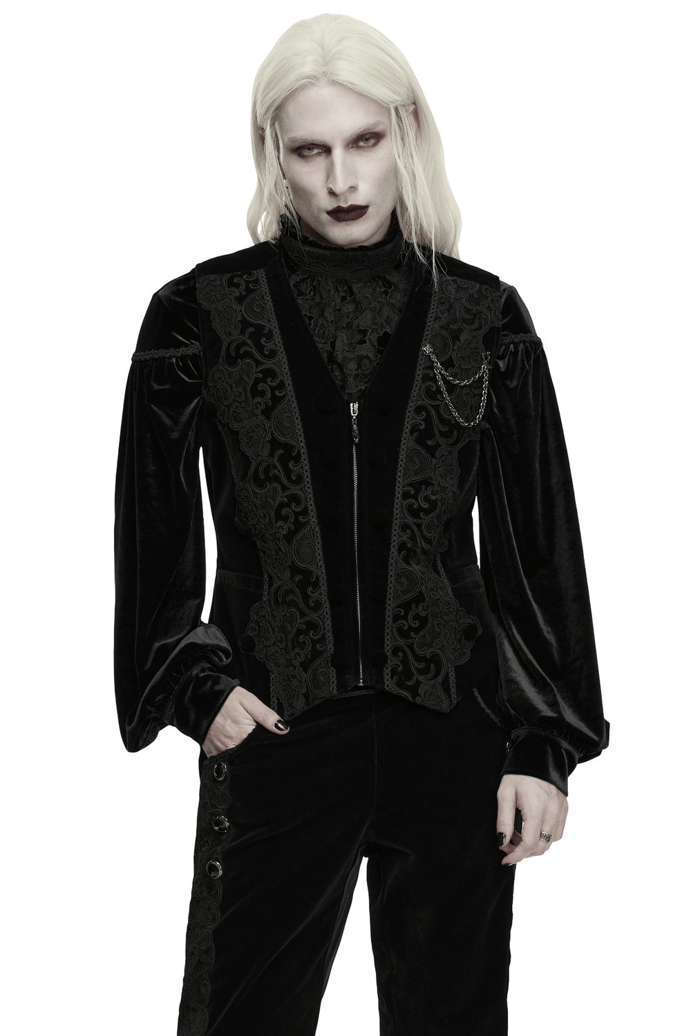 Male Gothic Black Velvet Embroidered Waistcoat with Brooch