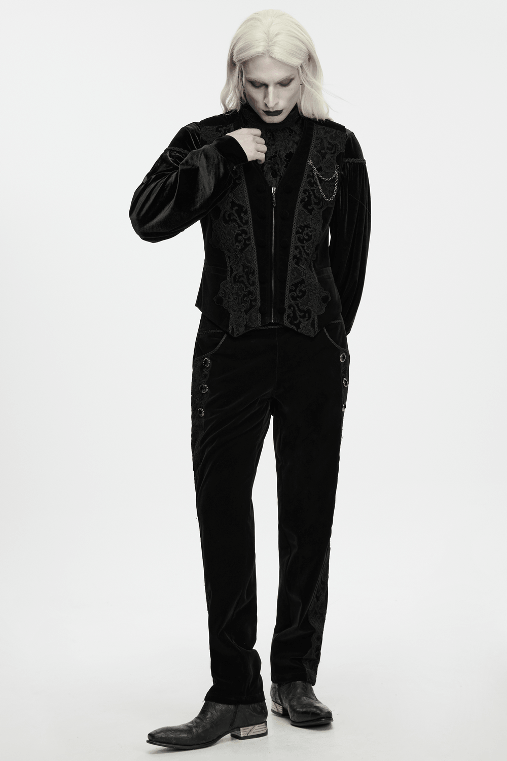 Male Gothic Black Velvet Embroidered Waistcoat with Brooch