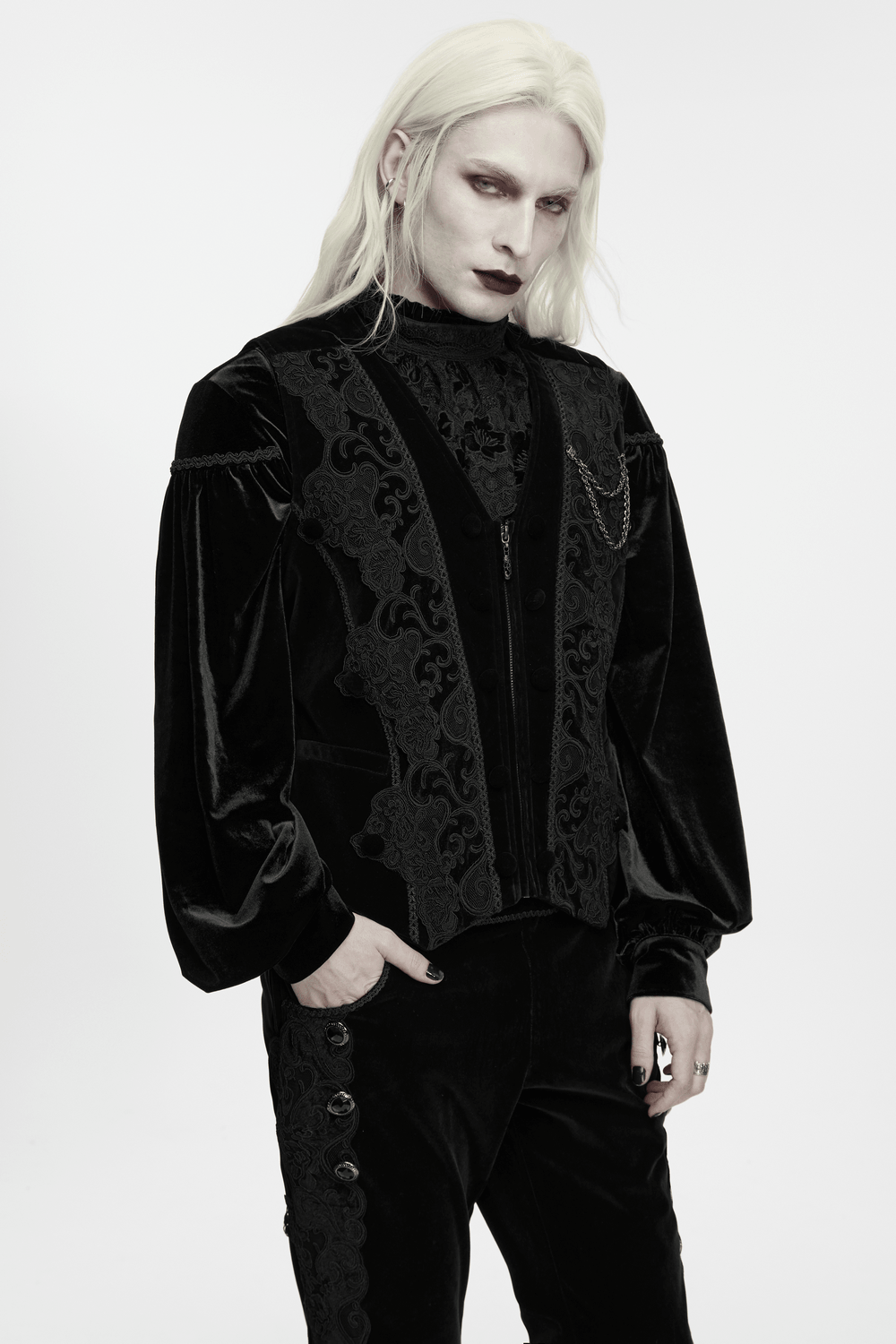 Male Gothic Black Velvet Embroidered Waistcoat with Brooch