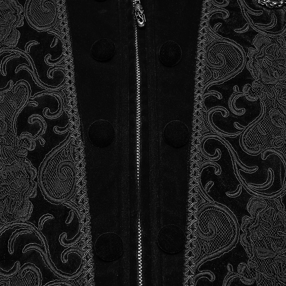 Male Gothic Black Velvet Embroidered Waistcoat with Brooch