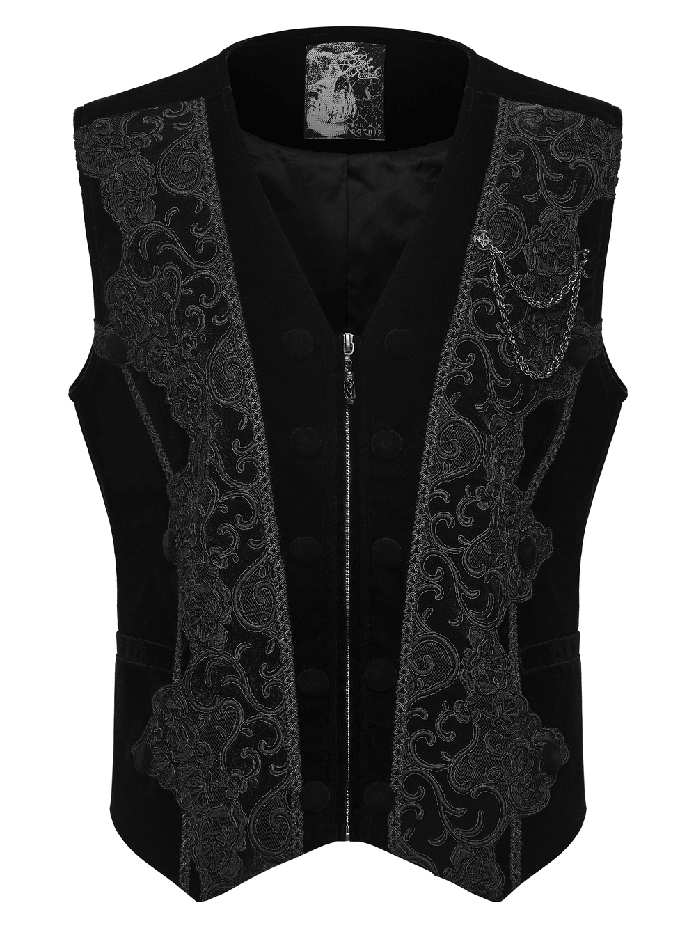 Male Gothic Black Velvet Embroidered Waistcoat with Brooch