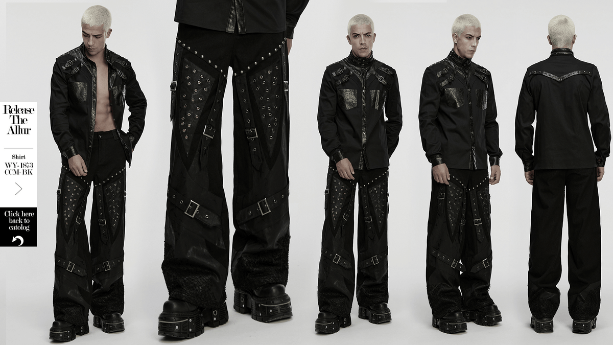 Male Punk Black Pants with Studs and Buckle Straps
