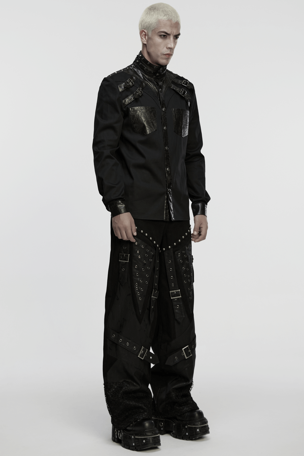 Male Punk Black Pants with Studs and Buckle Straps