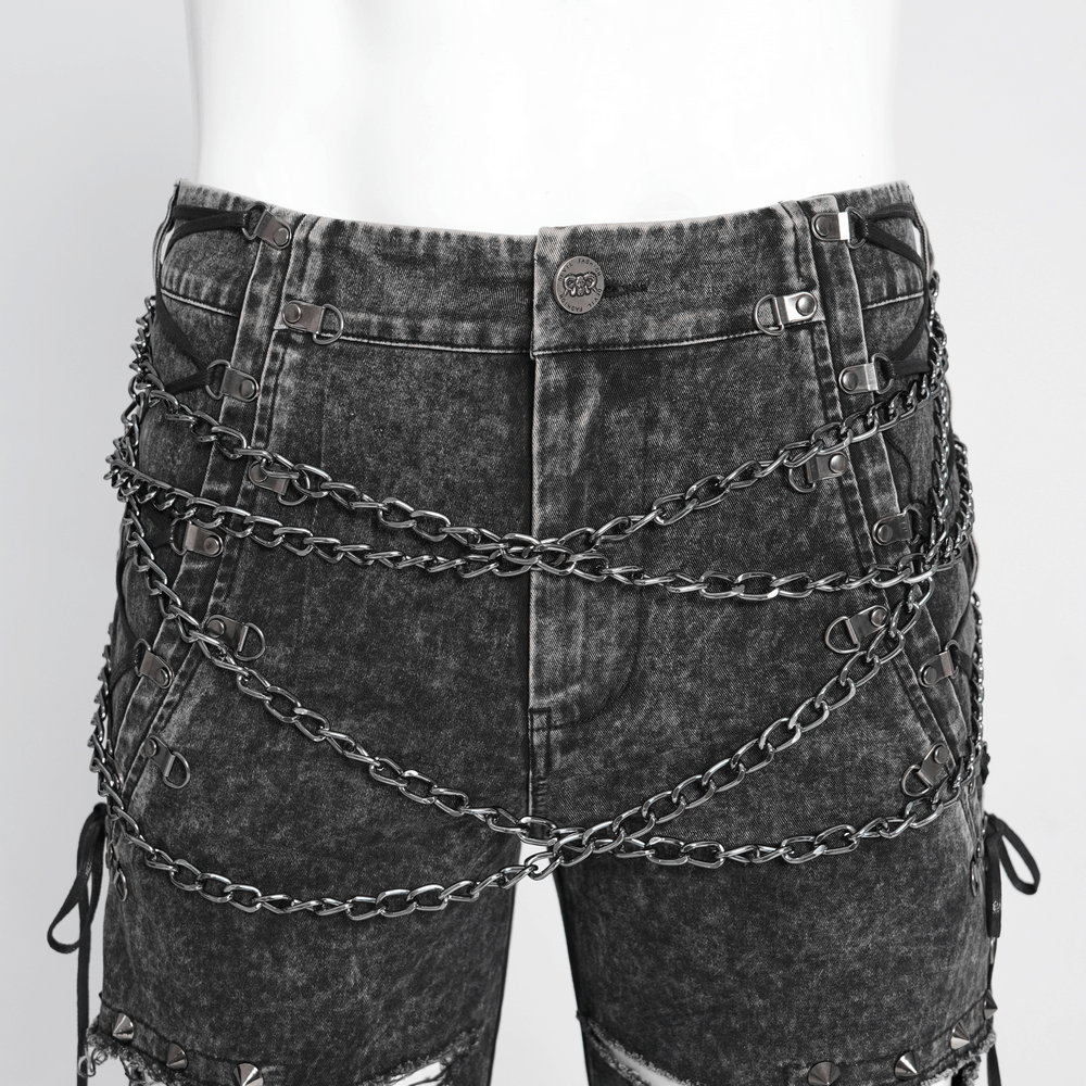Male Ripped Legs Pants with Chain and Stud Details