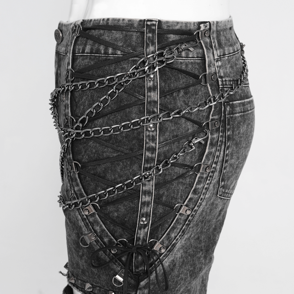 Male Ripped Legs Pants with Chain and Stud Details