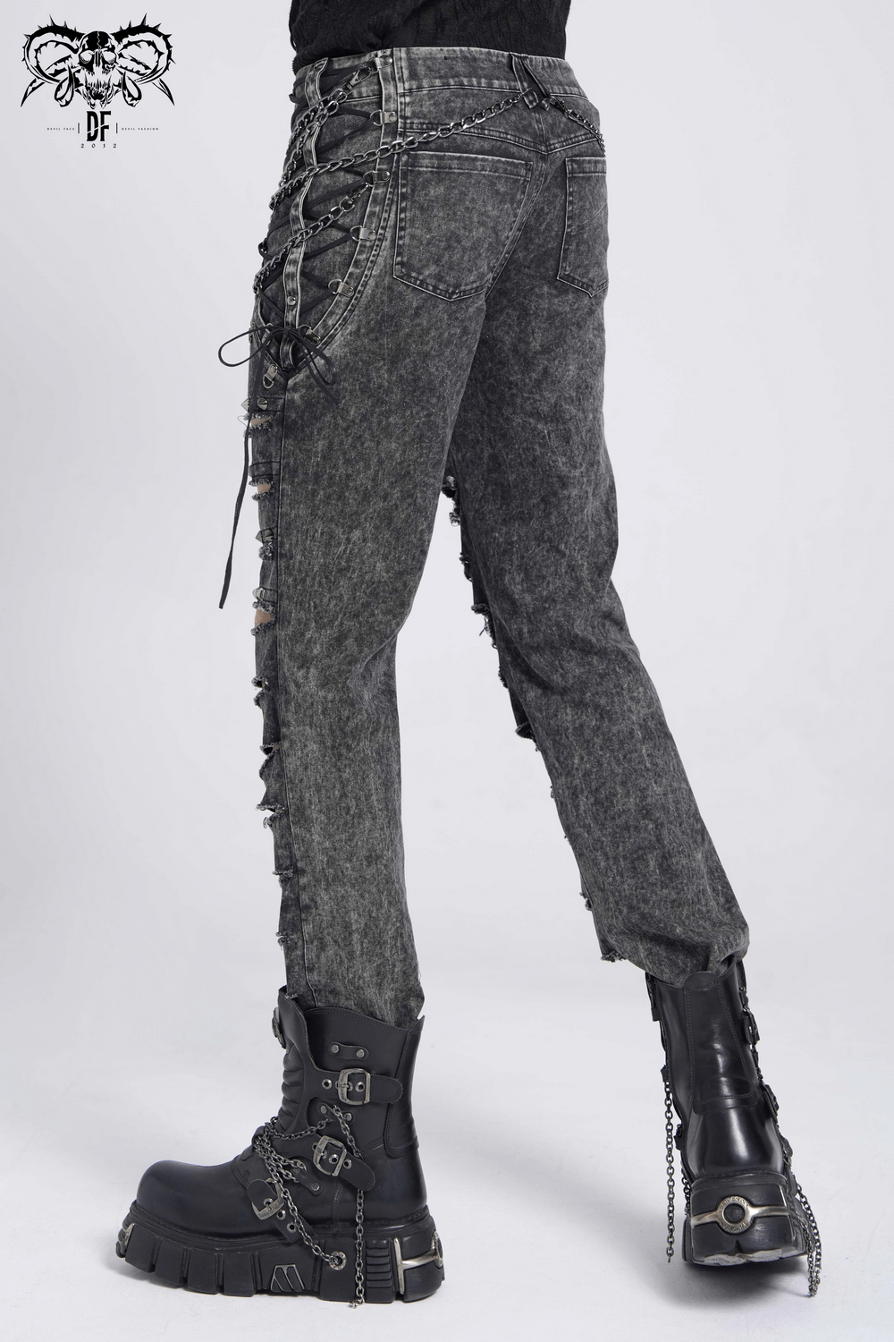 Male Ripped Legs Pants with Chain and Stud Details