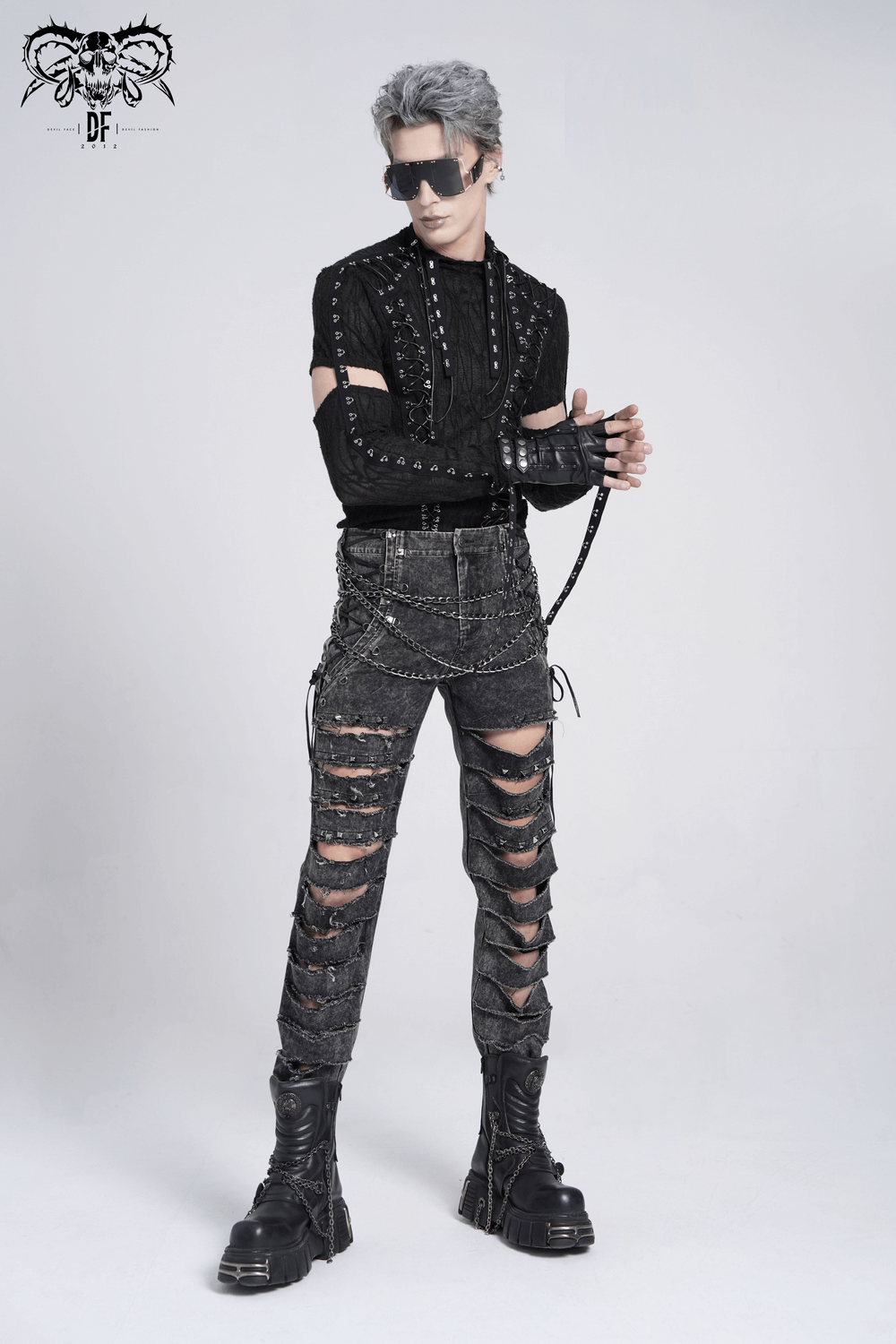 Male Ripped Legs Pants with Chain and Stud Details