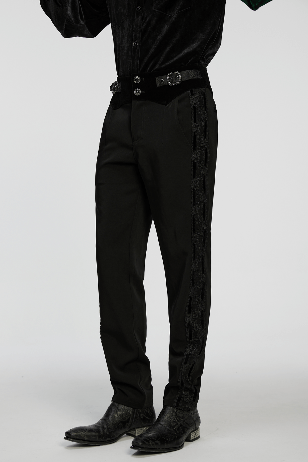 Male Velvet Trim Tailored Trousers with Lace Side Panels