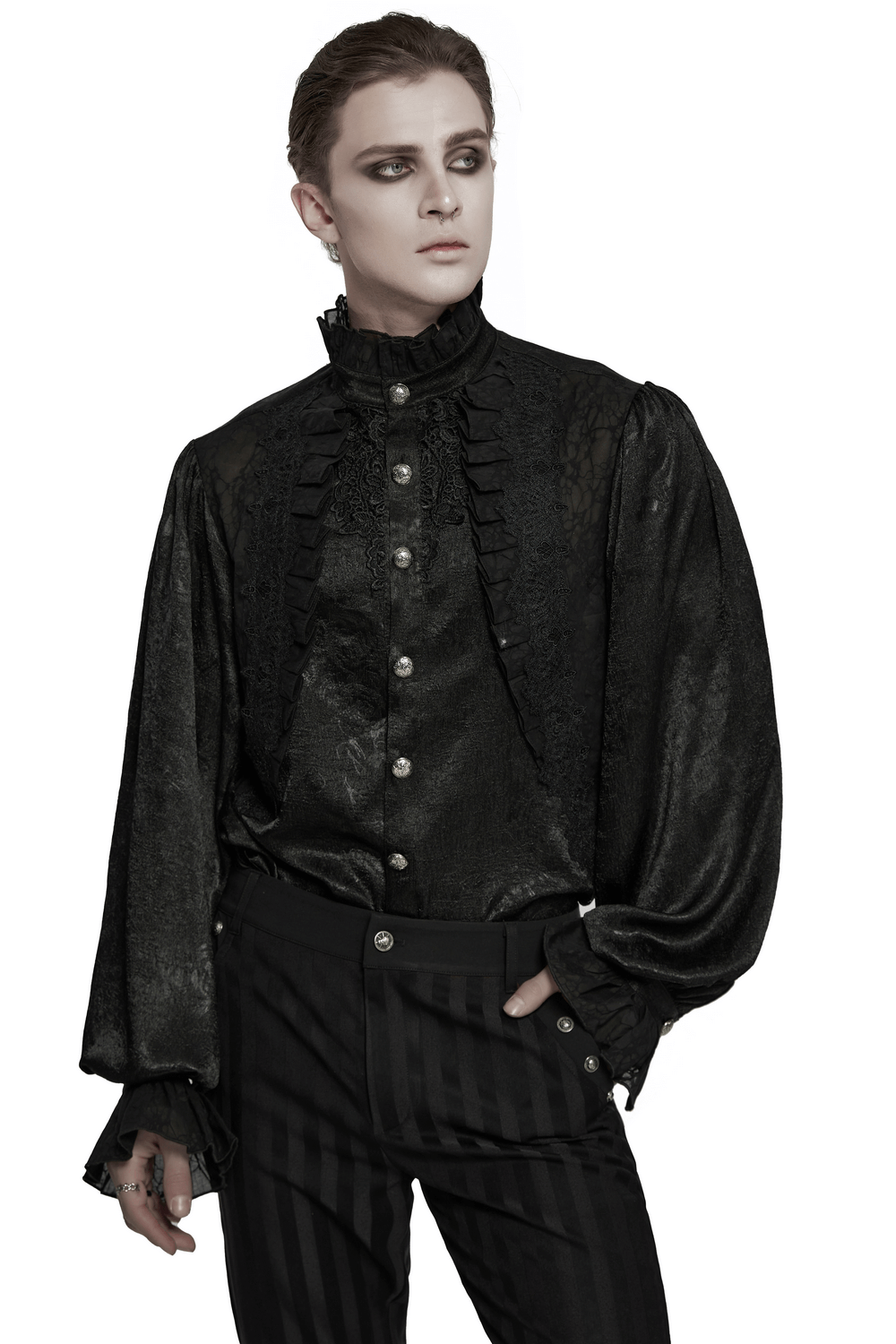 Male Victorian Black Shirt with Lace and Engraved Buttons