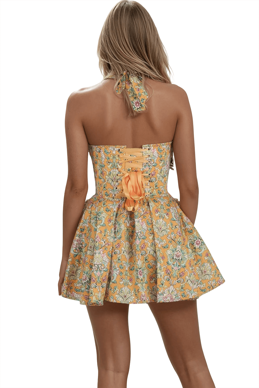 Marigold Floral Baroque Halter Corset Mini Dress
