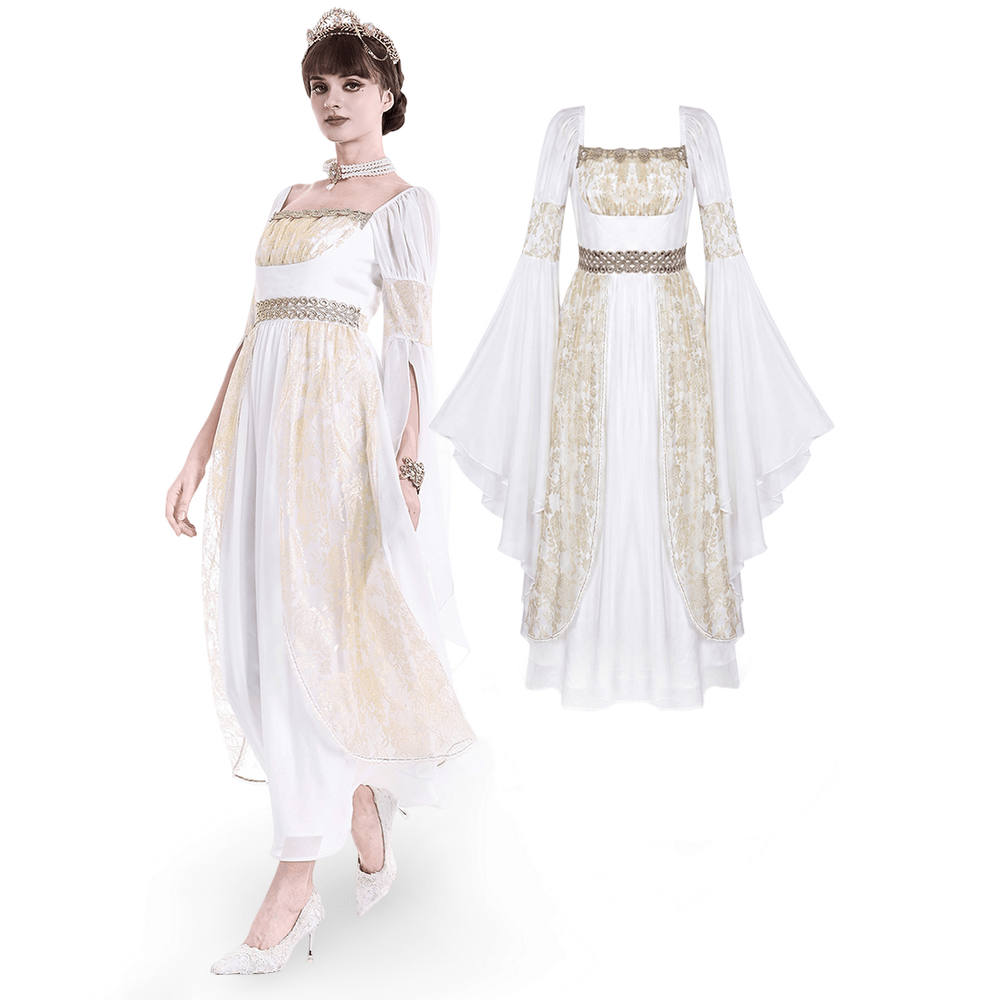 Medieval White Maxi Dress with Gold Trim and Bell Sleeves