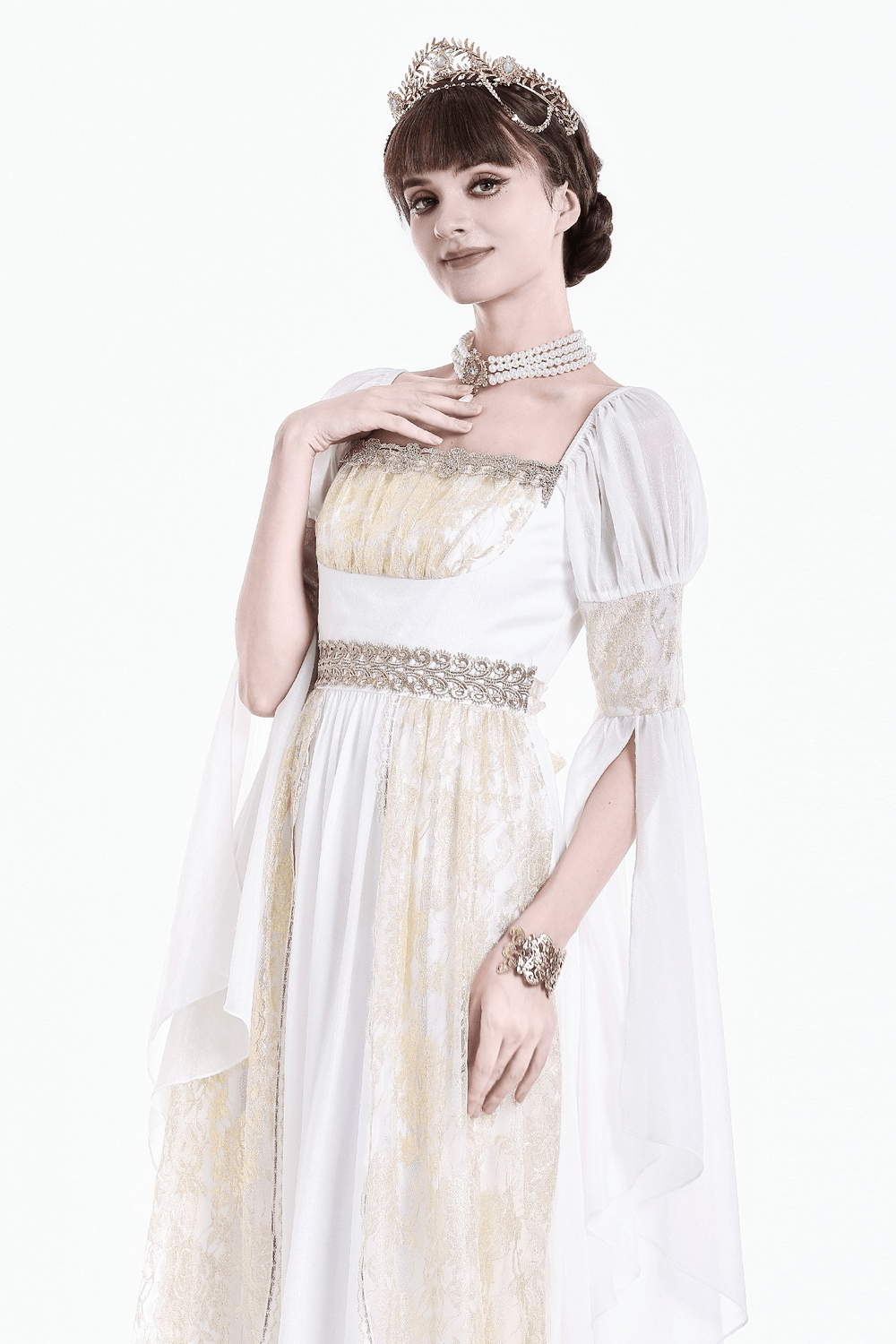Medieval White Maxi Dress with Gold Trim and Bell Sleeves