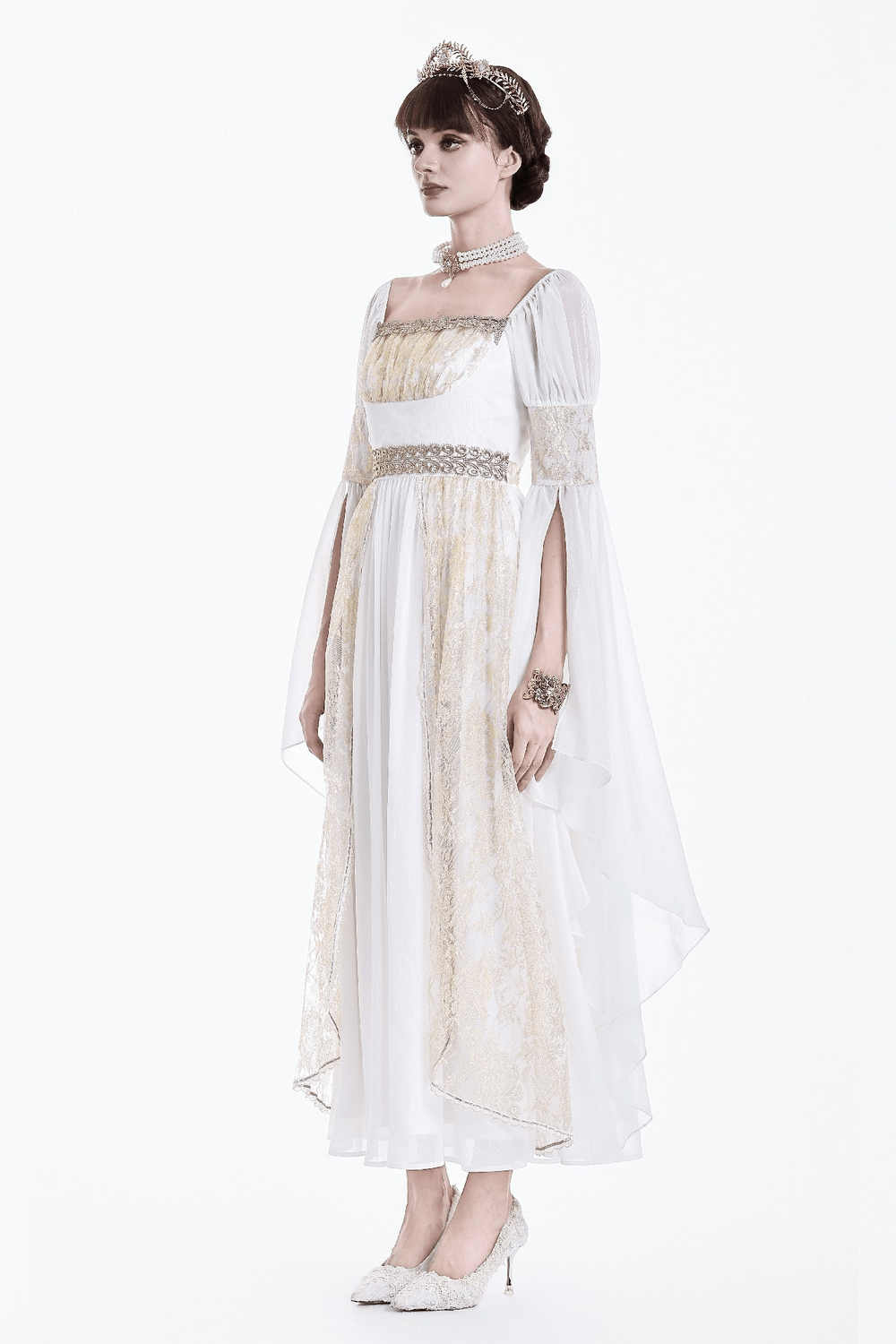 Medieval White Maxi Dress with Gold Trim and Bell Sleeves