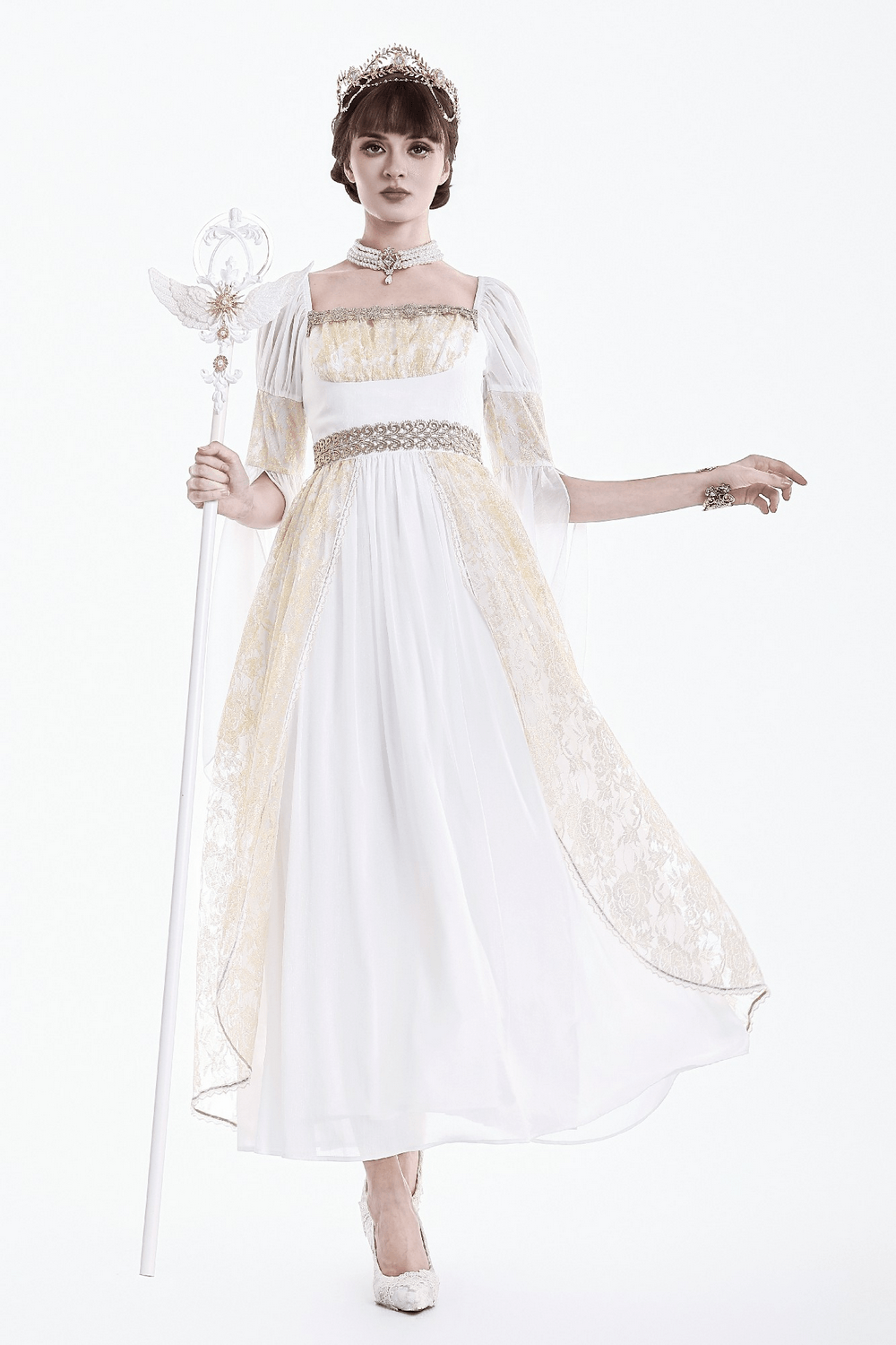Medieval White Maxi Dress with Gold Trim and Bell Sleeves