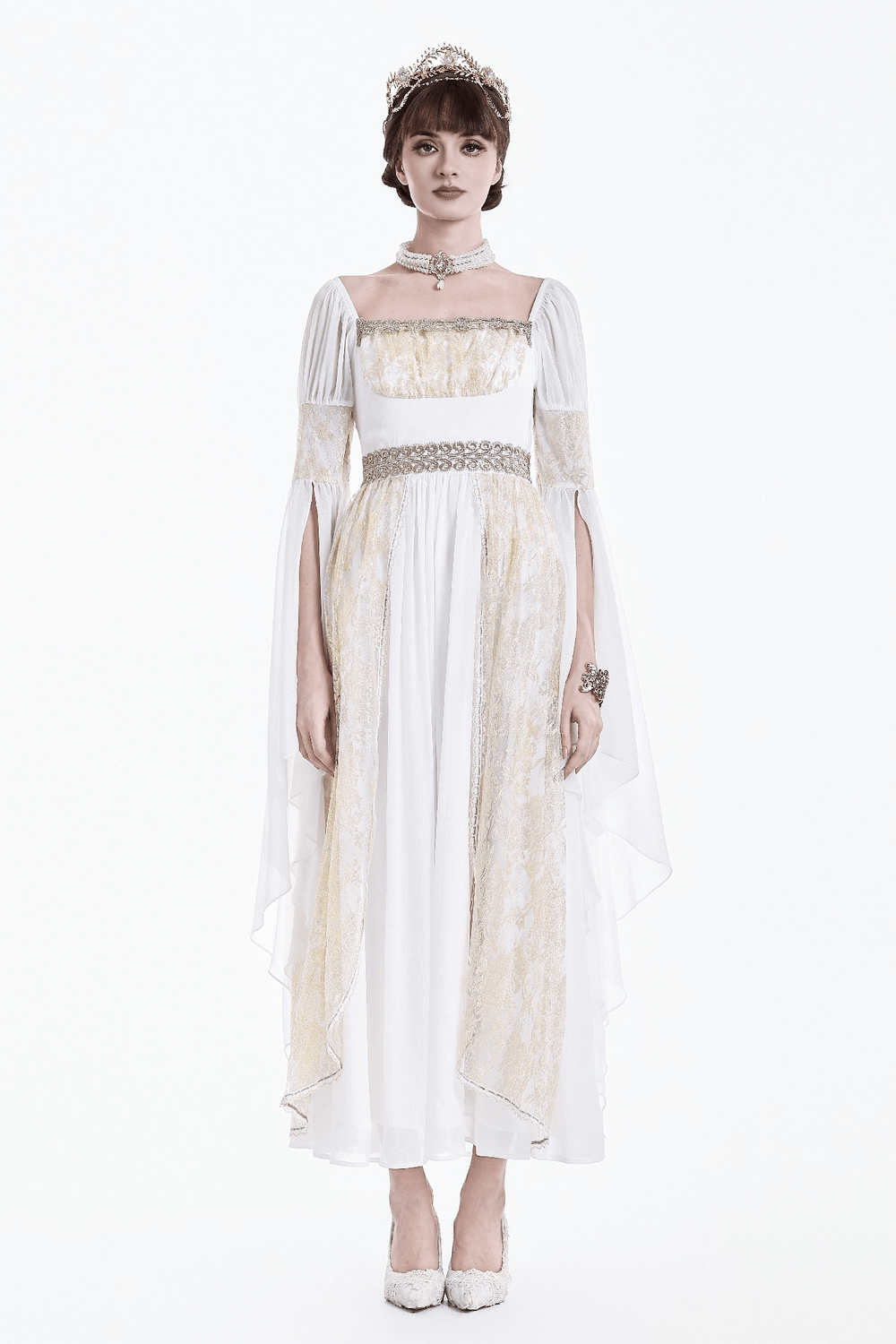 Medieval White Maxi Dress with Gold Trim and Bell Sleeves