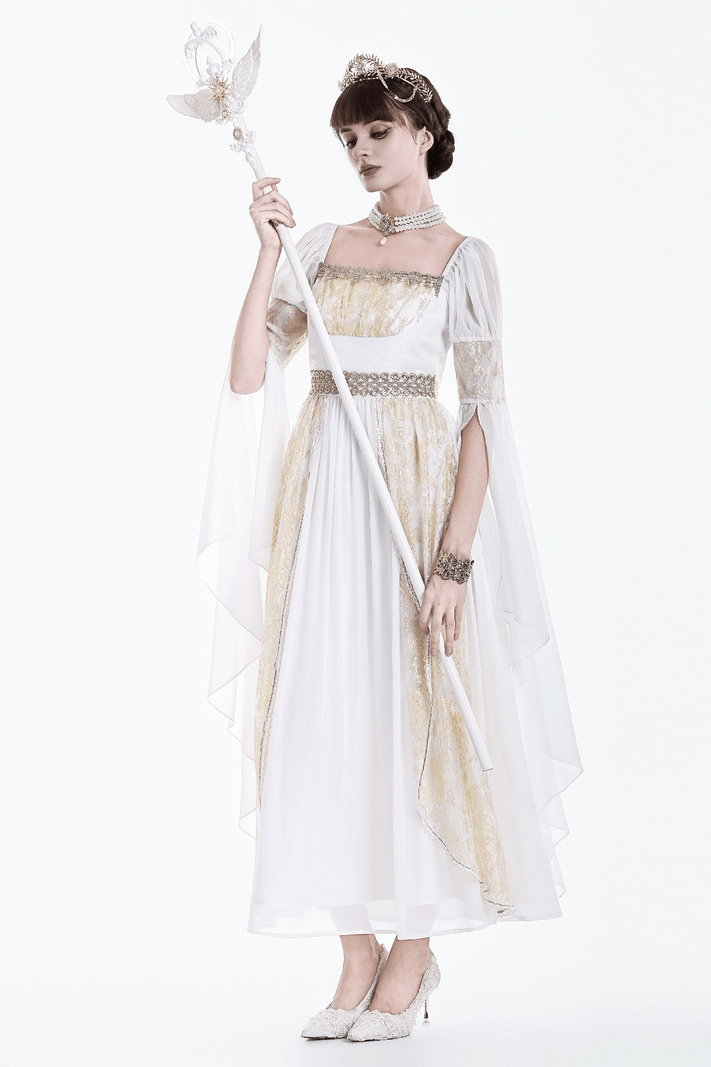 Medieval White Maxi Dress with Gold Trim and Bell Sleeves
