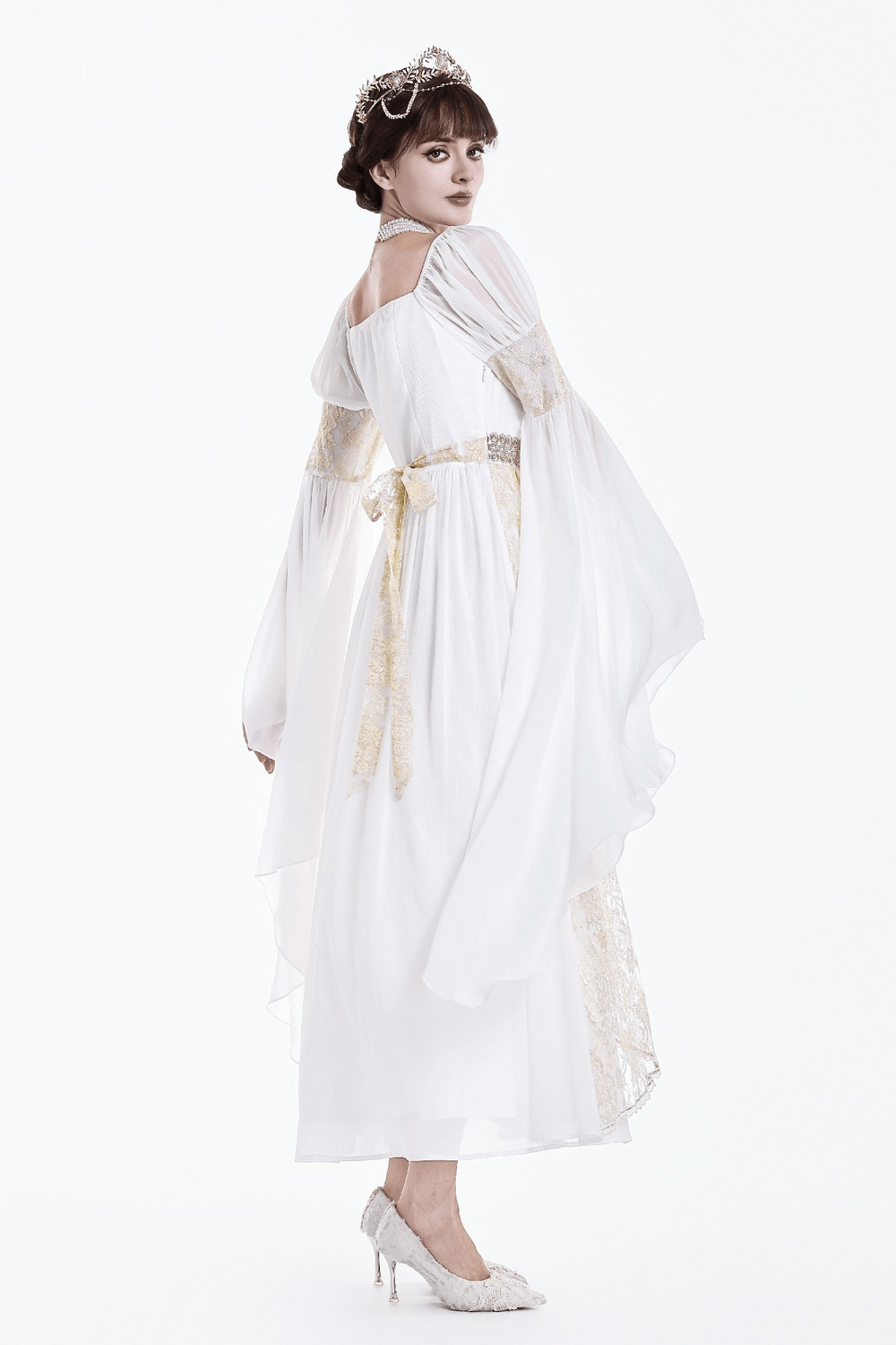 Medieval White Maxi Dress with Gold Trim and Bell Sleeves