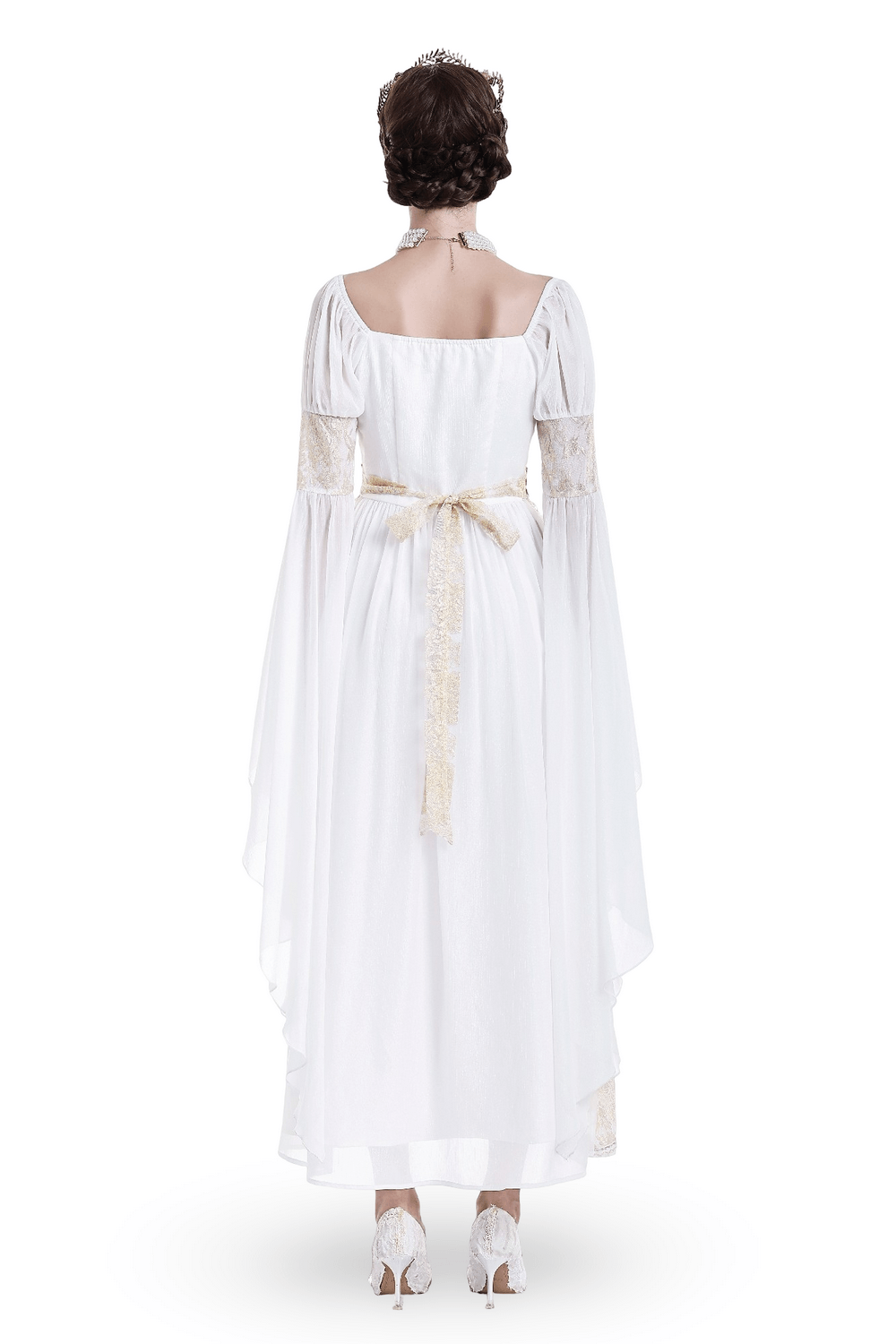 Medieval White Maxi Dress with Gold Trim and Bell Sleeves