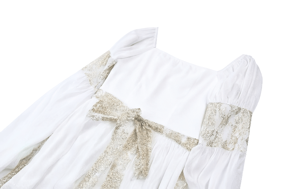 Medieval White Maxi Dress with Gold Trim and Bell Sleeves