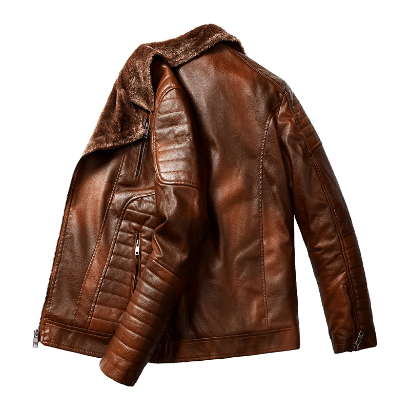 US SALE of Fur Collar Thicken Leather Jacket / Pockets Zipper Warm Jackets