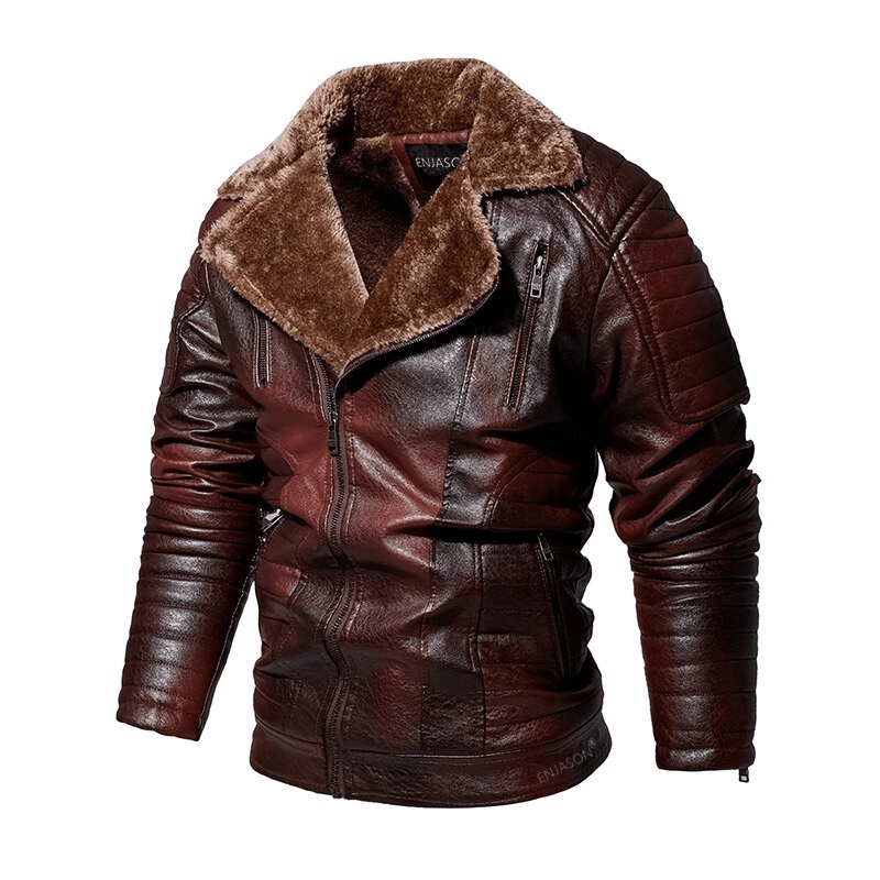 US SALE of Fur Collar Thicken Leather Jacket / Pockets Zipper Warm Jackets
