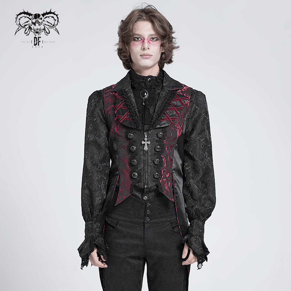 US SALE of Men's Gothic Brocade Tailcoat Vest with Cross Detail