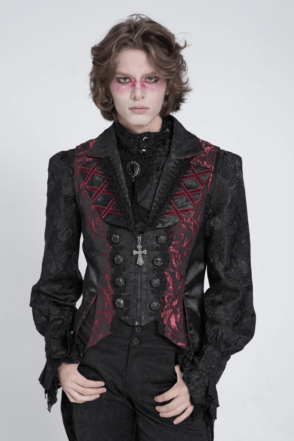 US SALE of Men's Gothic Brocade Tailcoat Vest with Cross Detail
