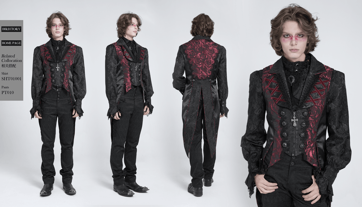 US SALE of Men's Gothic Brocade Tailcoat Vest with Cross Detail