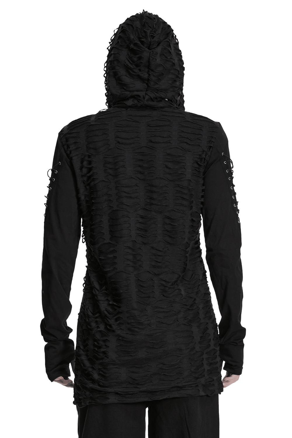 Men's Black Distressed Gothic Hooded Long-Sleeved Top