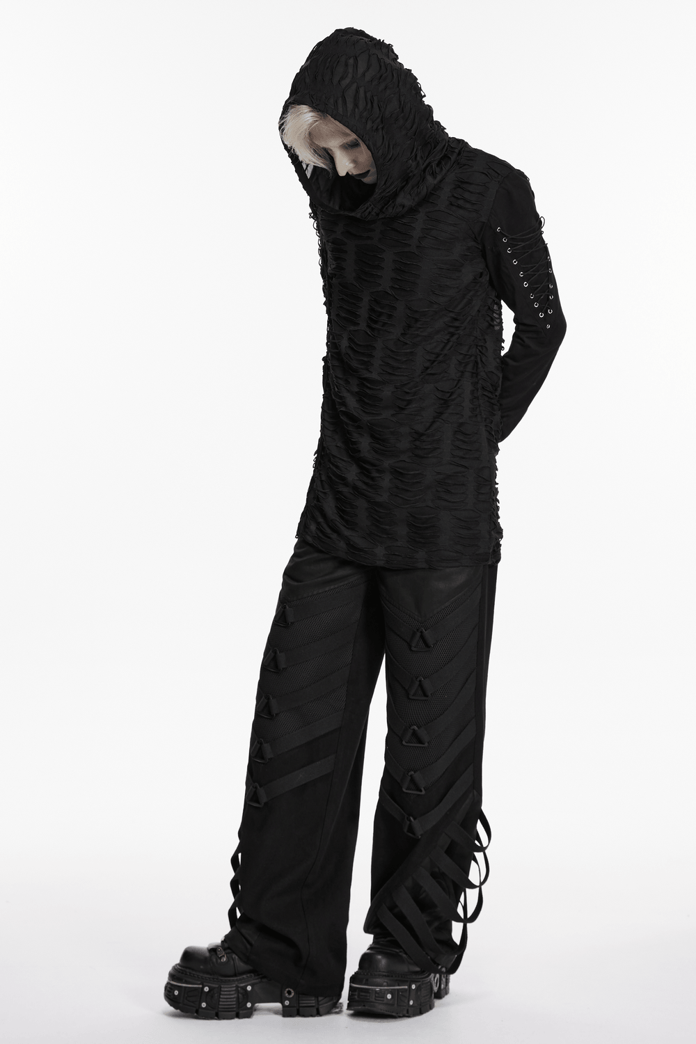 Men's Black Distressed Gothic Hooded Long-Sleeved Top
