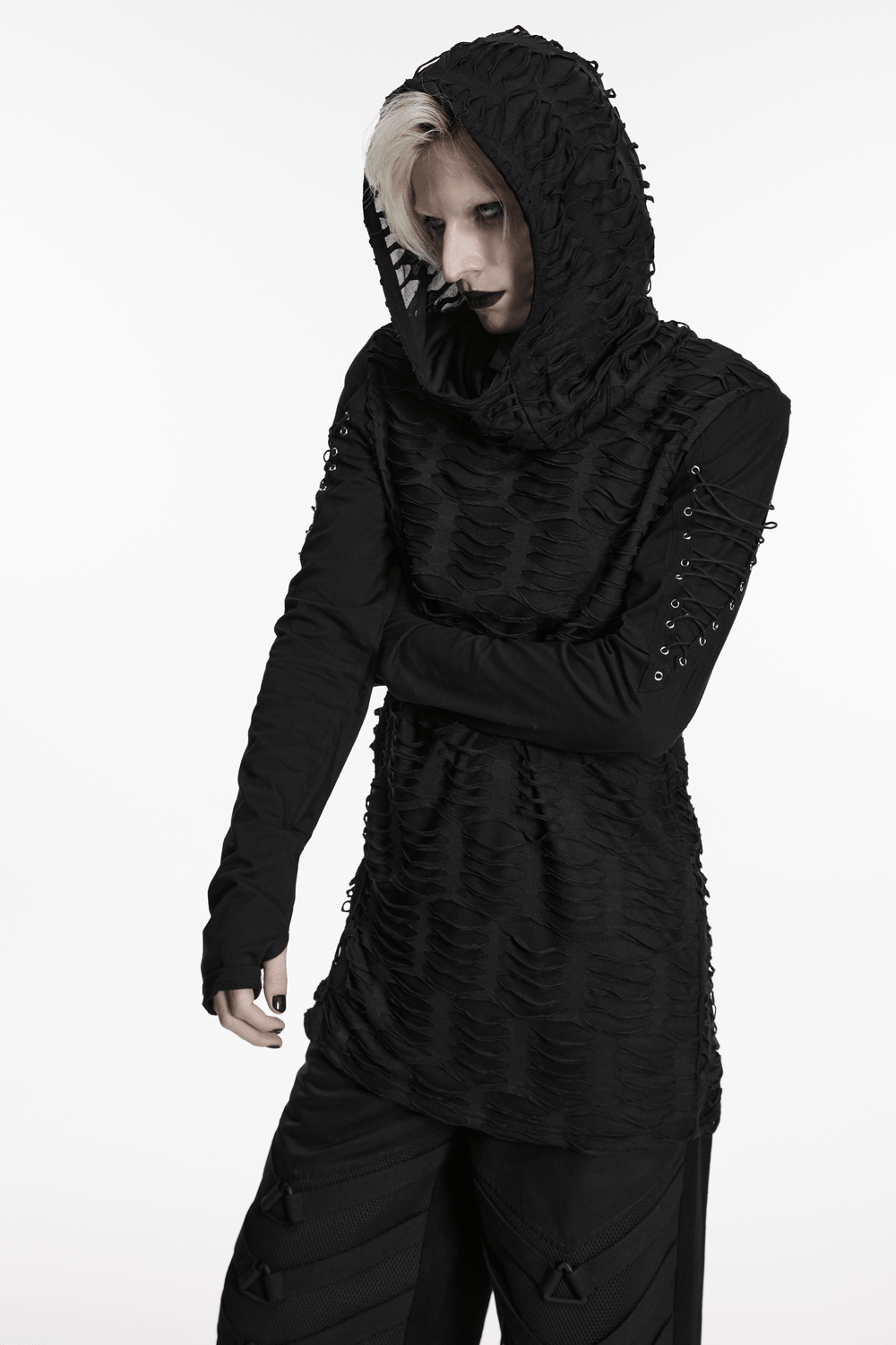 Men's Black Distressed Gothic Hooded Long-Sleeved Top