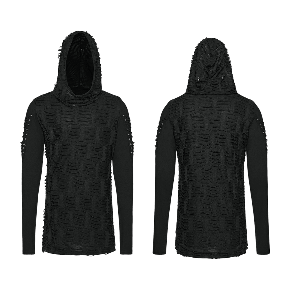 Men's Black Distressed Gothic Hooded Long-Sleeved Top