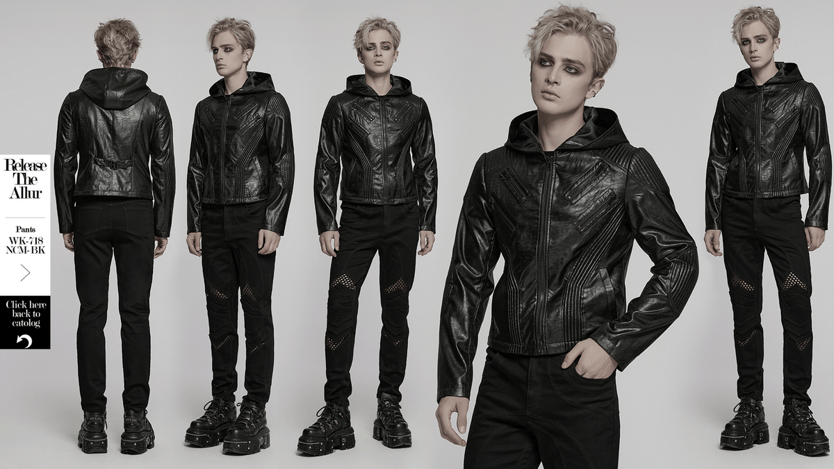 Men's Black Gothic Hooded Faux Leather Long Jacket