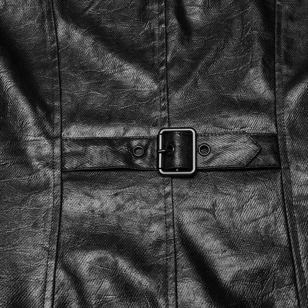 Men's Black Gothic Hooded Faux Leather Long Jacket