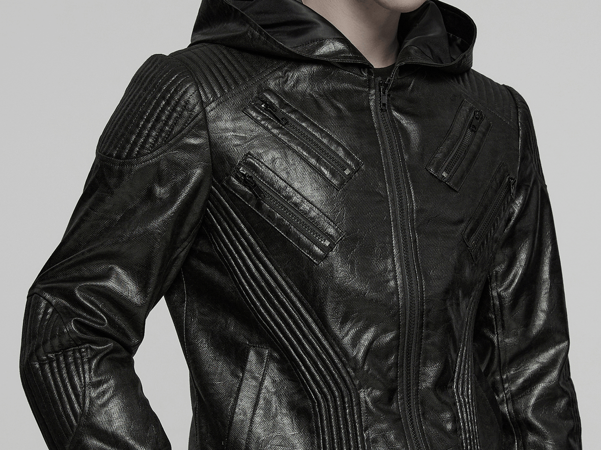 Men's Black Gothic Hooded Faux Leather Long Jacket