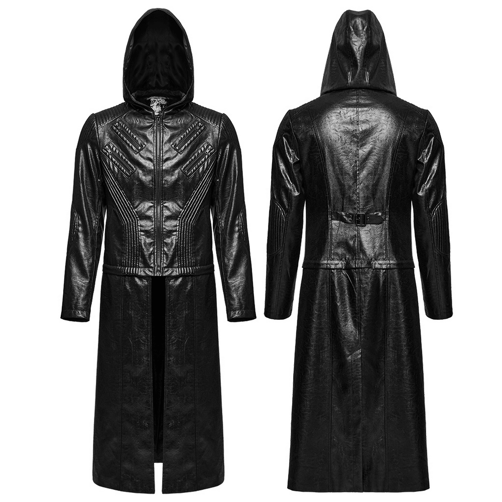 Men's Black Gothic Hooded Faux Leather Long Jacket