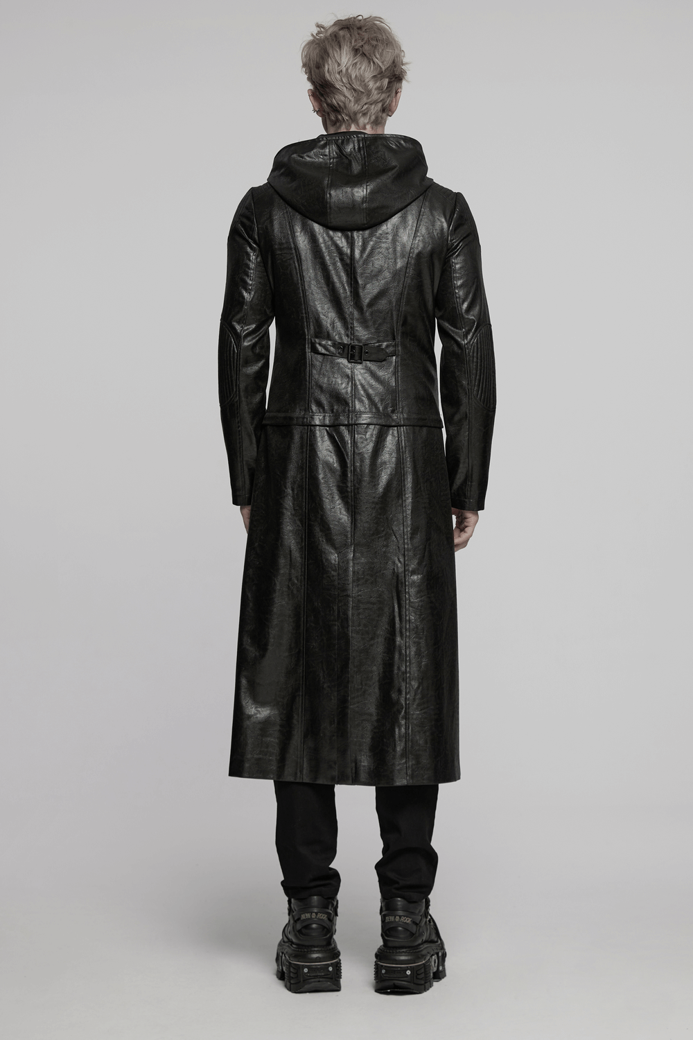 Men's Black Gothic Hooded Faux Leather Long Jacket