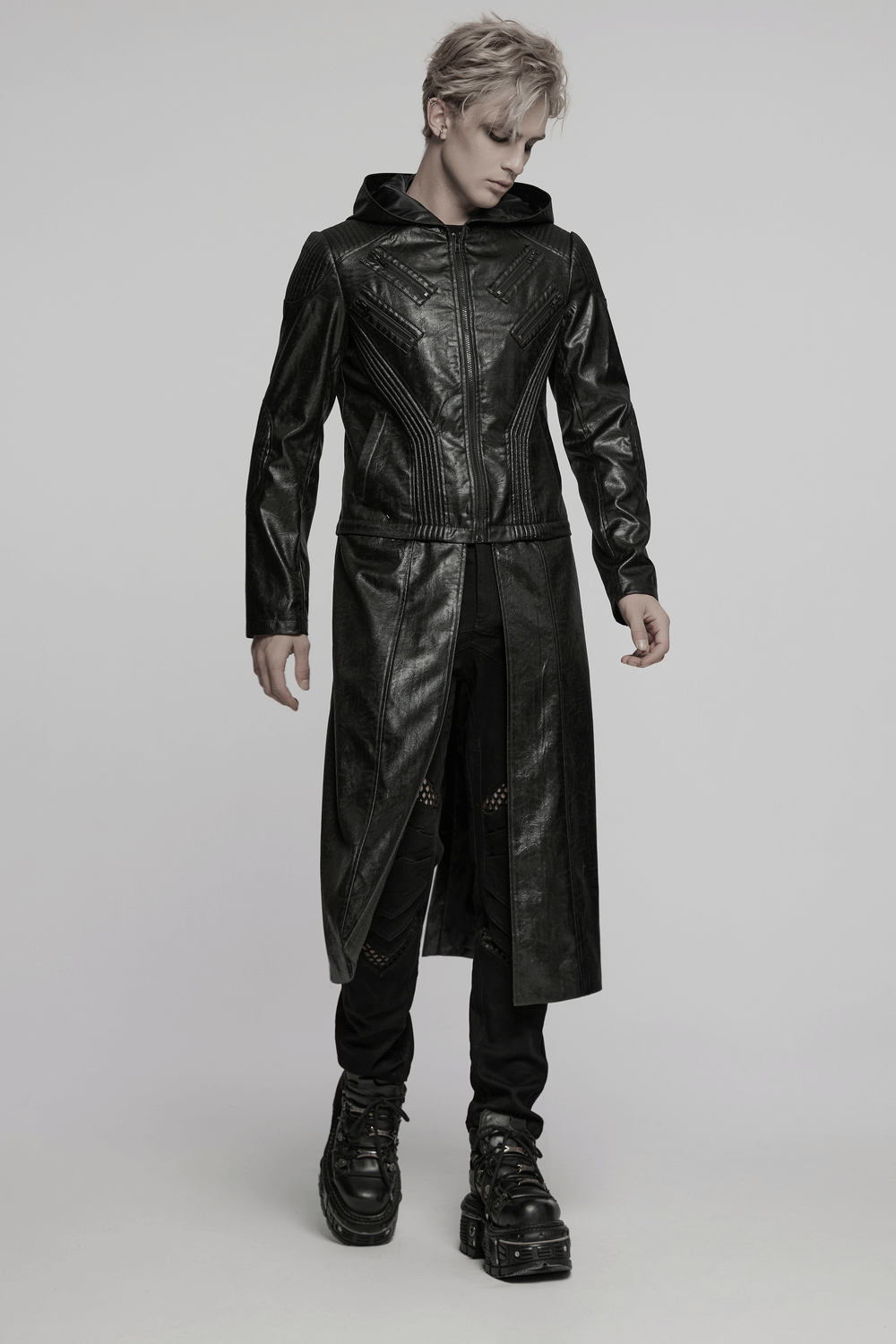 Men's Black Gothic Hooded Faux Leather Long Jacket