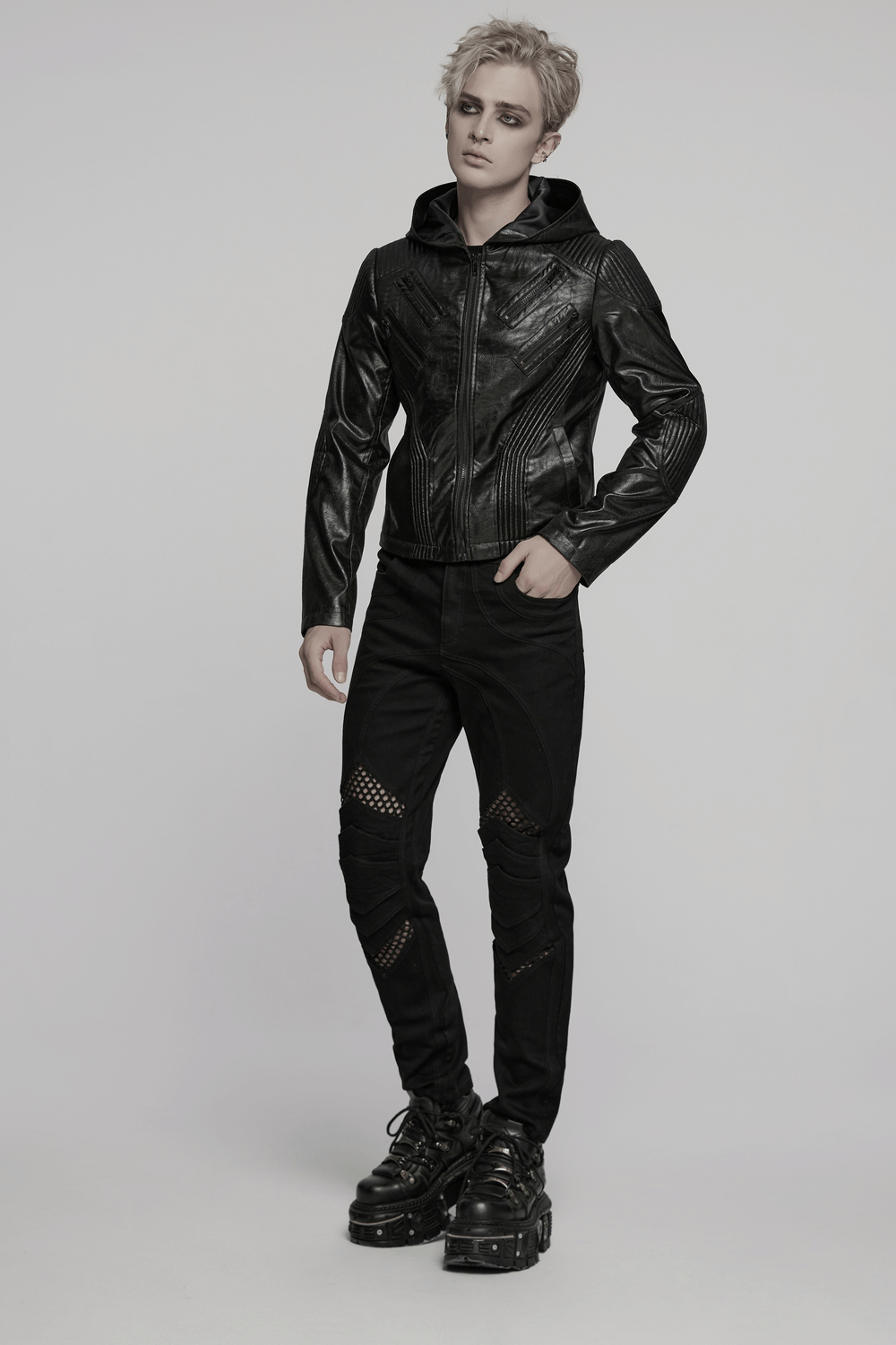 Men's Black Gothic Hooded Faux Leather Long Jacket