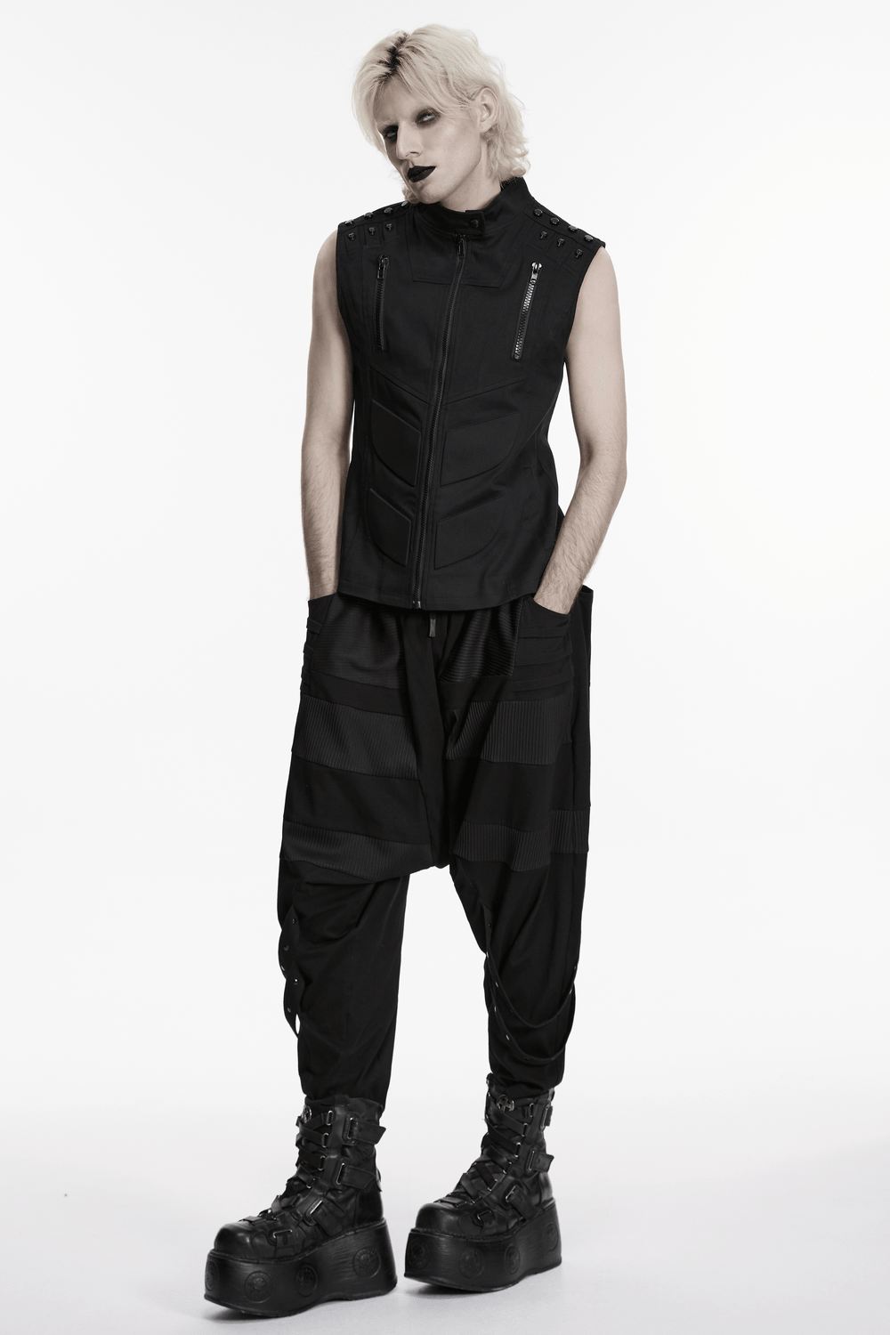 Men's Black Industrial Punk Vest with Rivet Detail