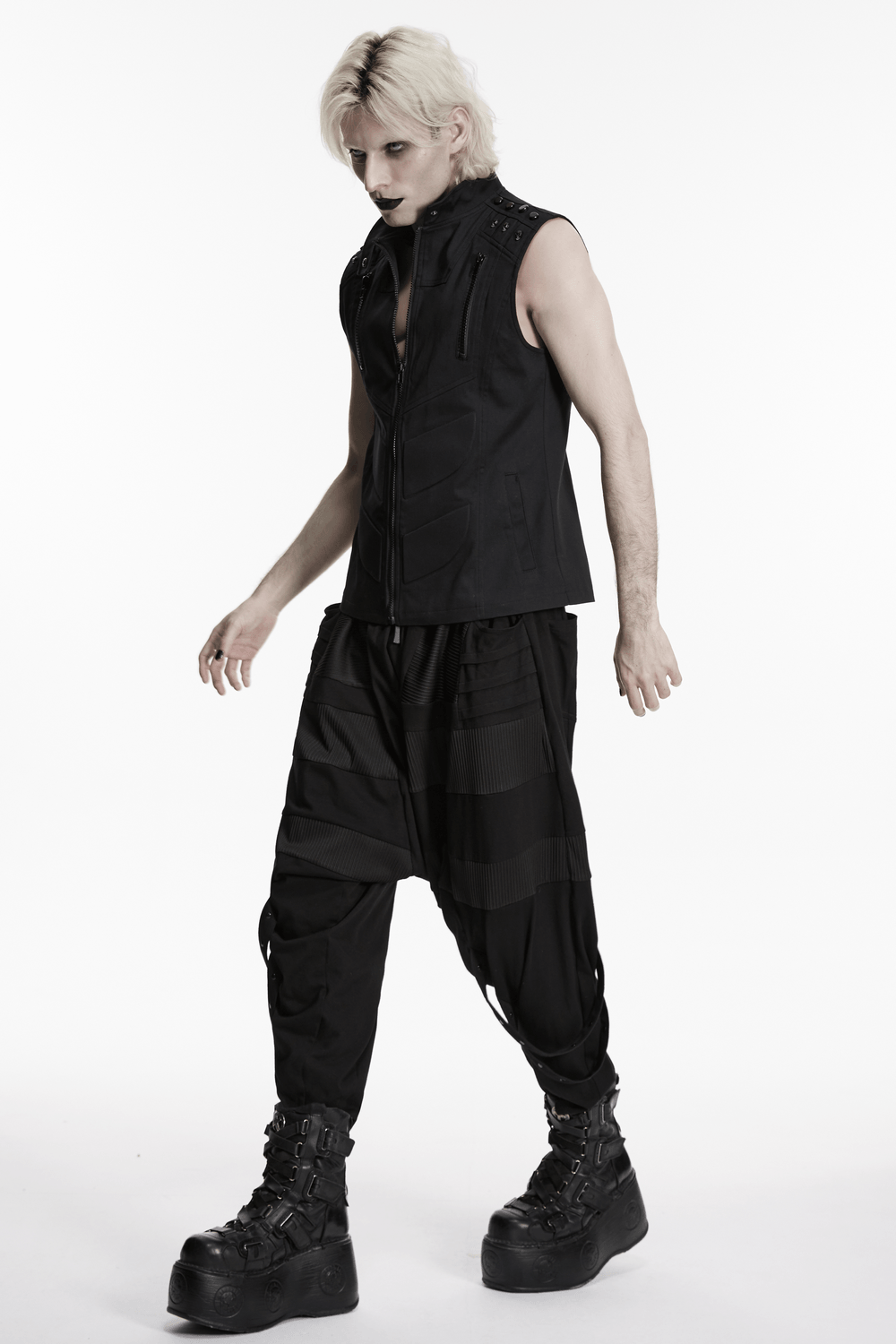 Men's Black Industrial Punk Vest with Rivet Detail