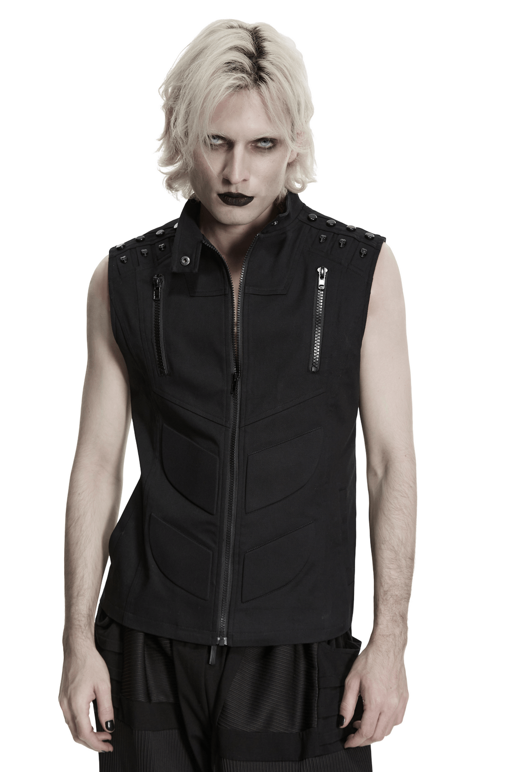 Men's Black Industrial Punk Vest with Rivet Detail