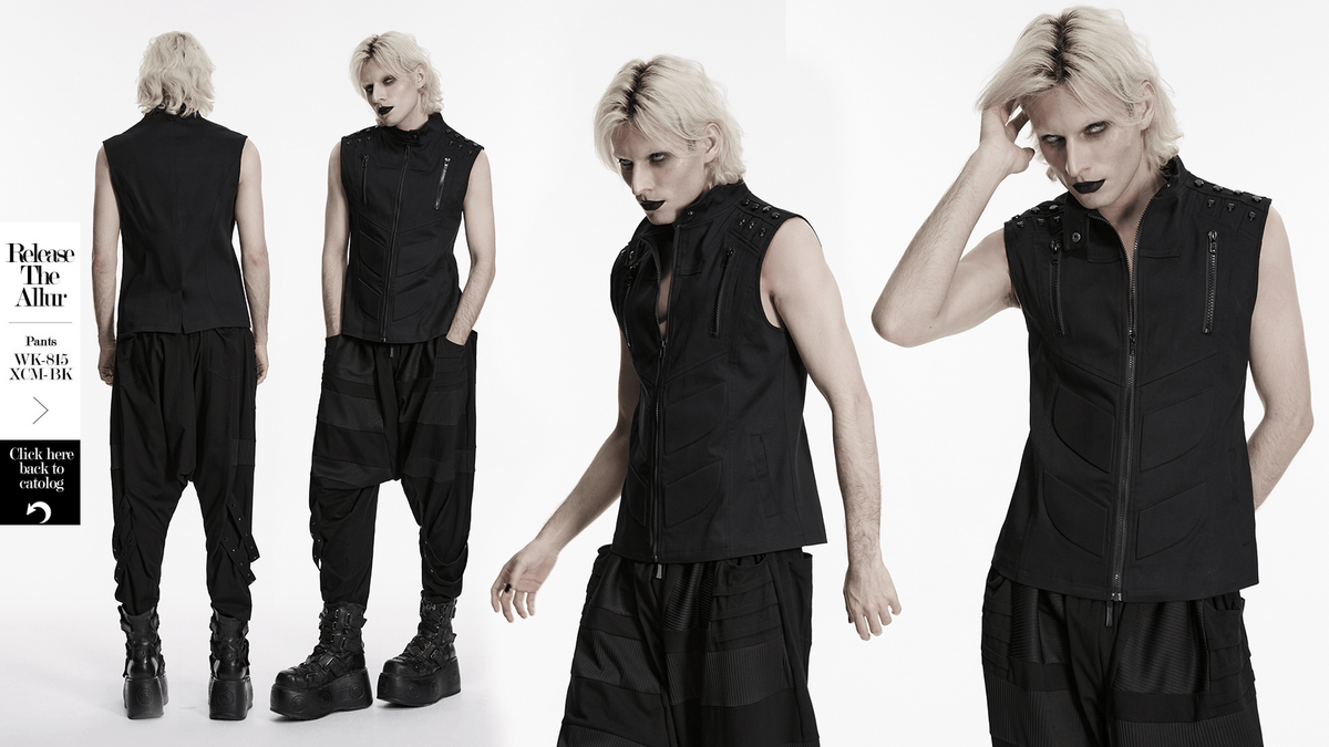 Men's Black Industrial Punk Vest with Rivet Detail
