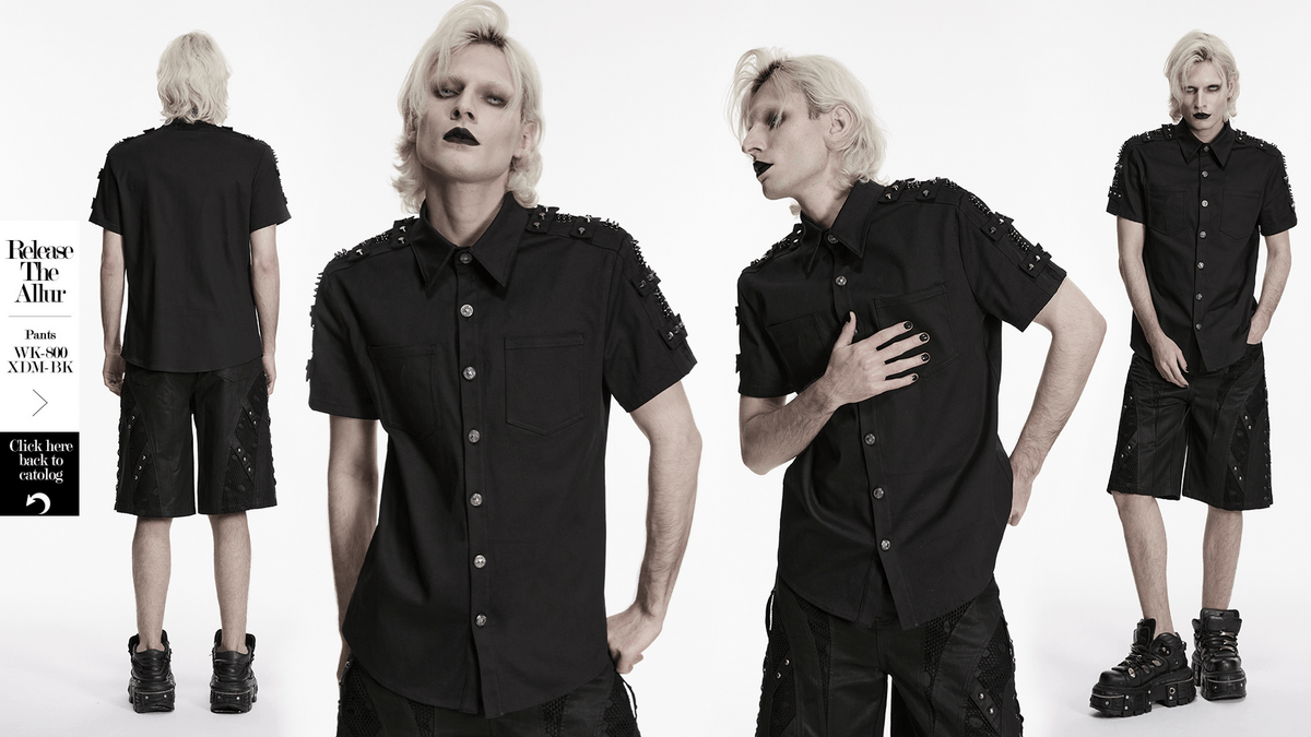 Men's Black Punk Button Shirt with Shoulder Studs
